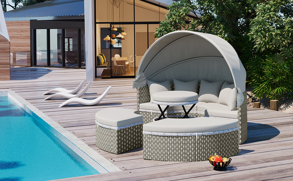 TOPMAX Patio Furniture Round Outdoor Sectional Sofa Set Rattan Daybed Two-Tone Weave Sunbed with Retractable Canopy, Separate Seating and Removable Cushion, Gray