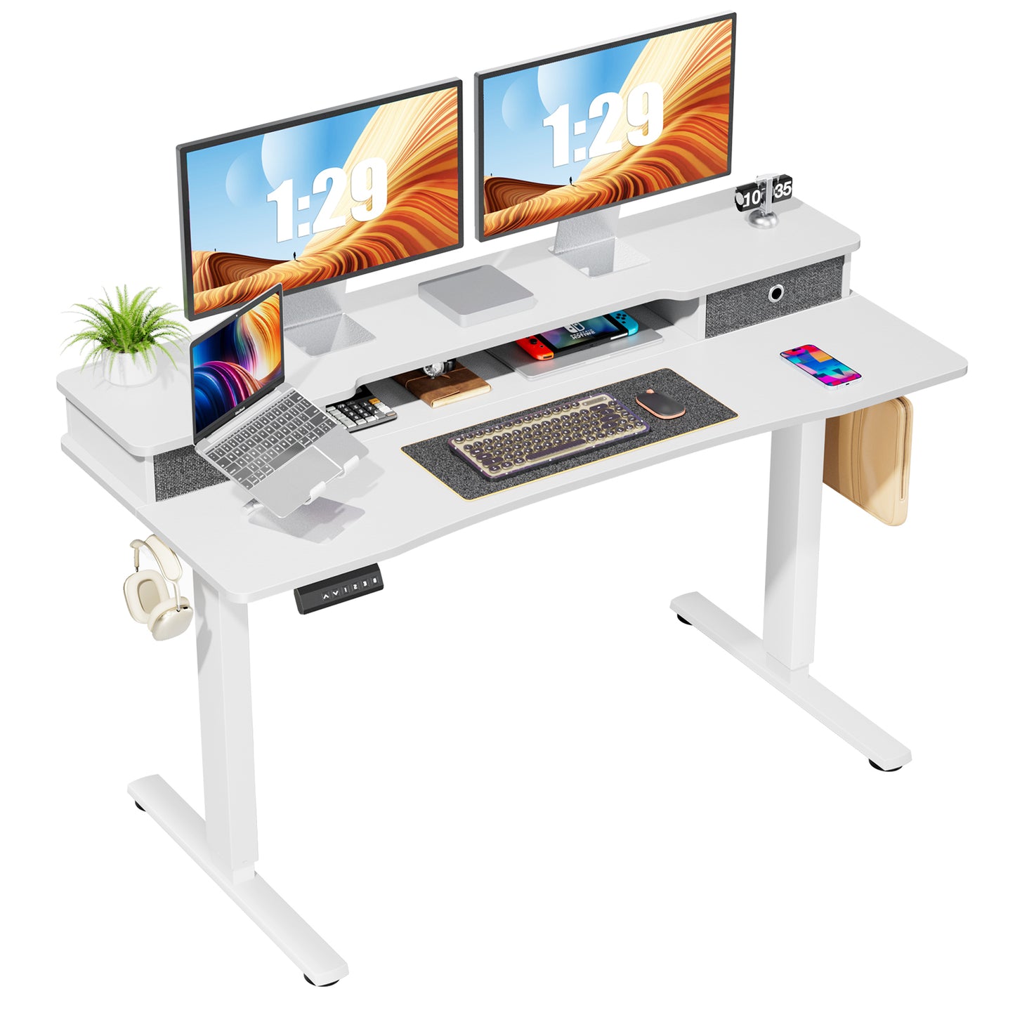 Sweetcrispy Home Office Height Adjustable Electric Standing Desk with Storage Shelf Double Drawer