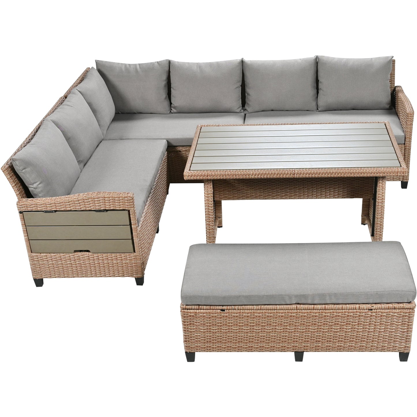 TOMAX 5-Piece Outdoor Patio Rattan Sofa Set, Sectional PE Wicker L-Shaped Garden Furniture Set with 2 Extendable Side Tables, Dining Table and Washable Covers for Backyard, Poolside, Indoor, Brown