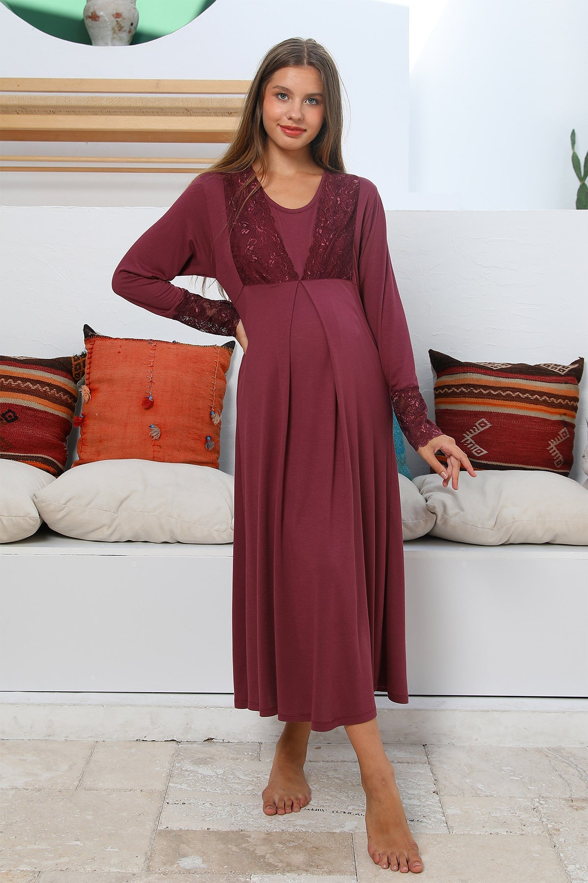 Shopymommy 55102 Silence Lace Embroidered Maternity & Nursing Nightgown Plum-2