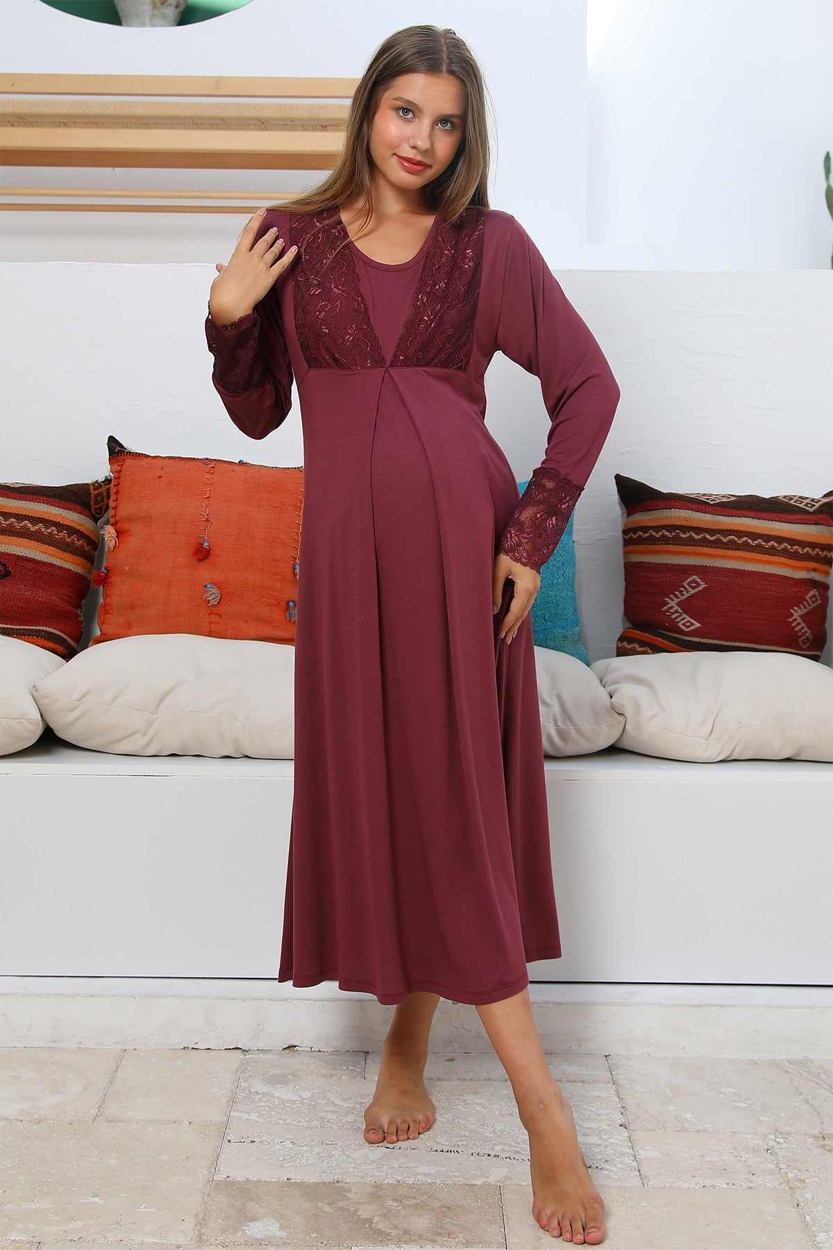 Shopymommy 55102 Silence Lace Embroidered Maternity & Nursing Nightgown Plum-0