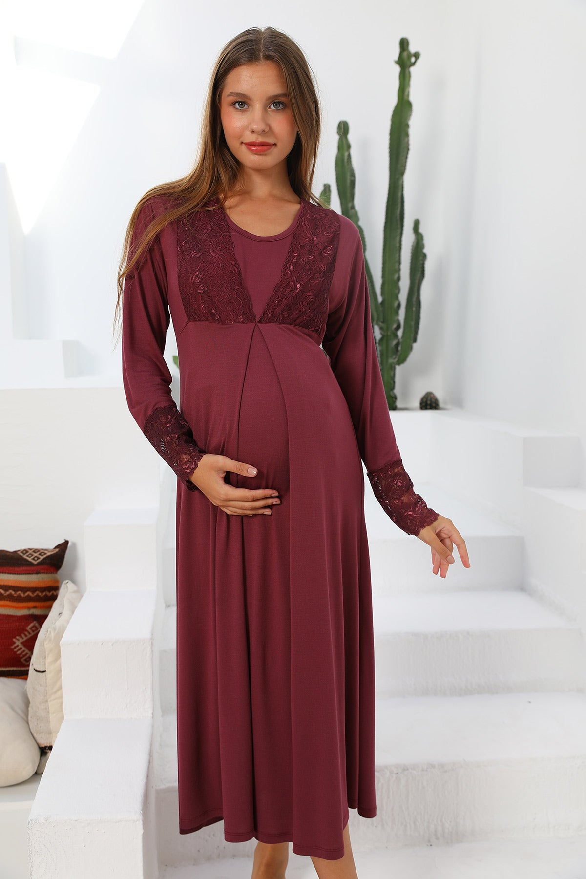 Shopymommy 55102 Silence Lace Embroidered Maternity & Nursing Nightgown Plum-4