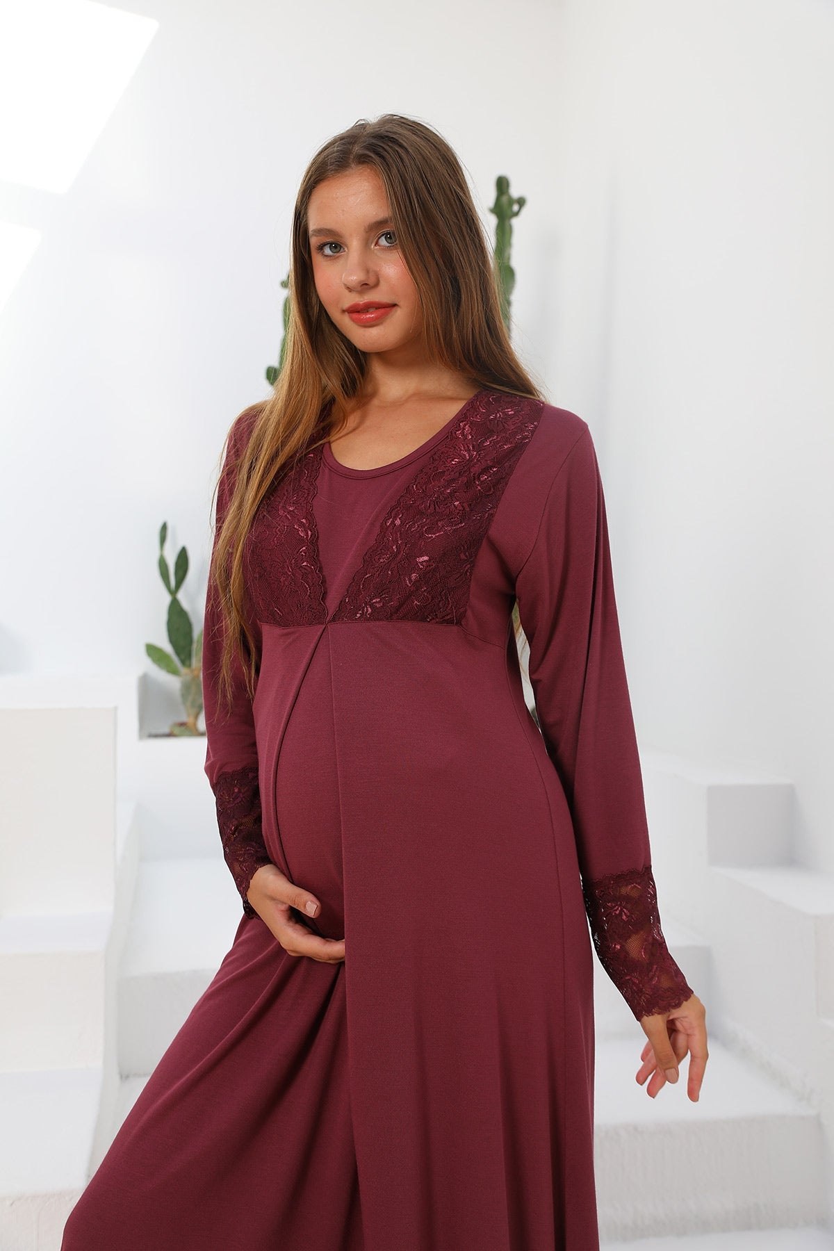 Shopymommy 55102 Silence Lace Embroidered Maternity & Nursing Nightgown Plum-1