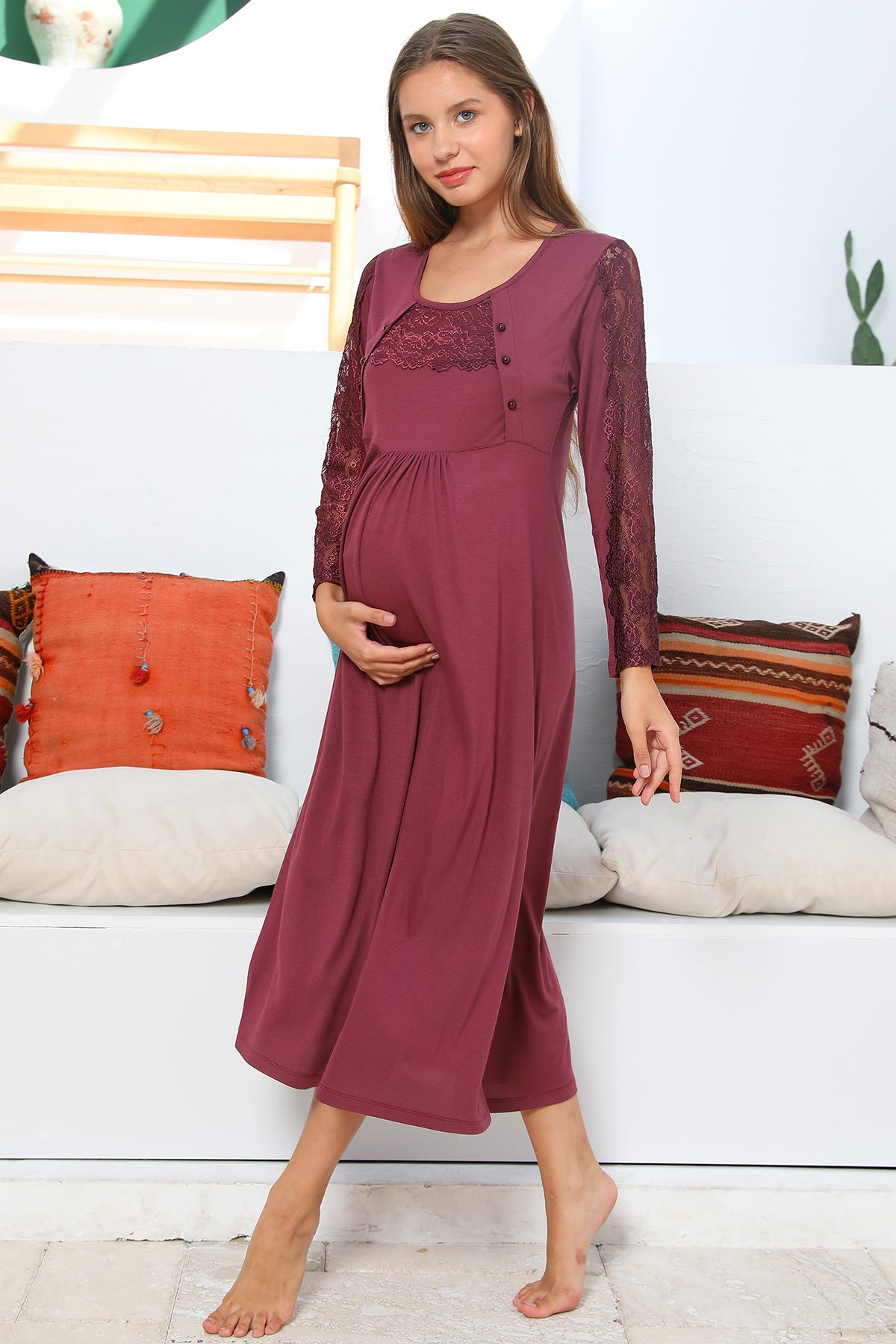 Shopymommy 703103 Elegance Welsoft Lace Sleeves 4 Pieces Maternity & Nursing Set Plum-2