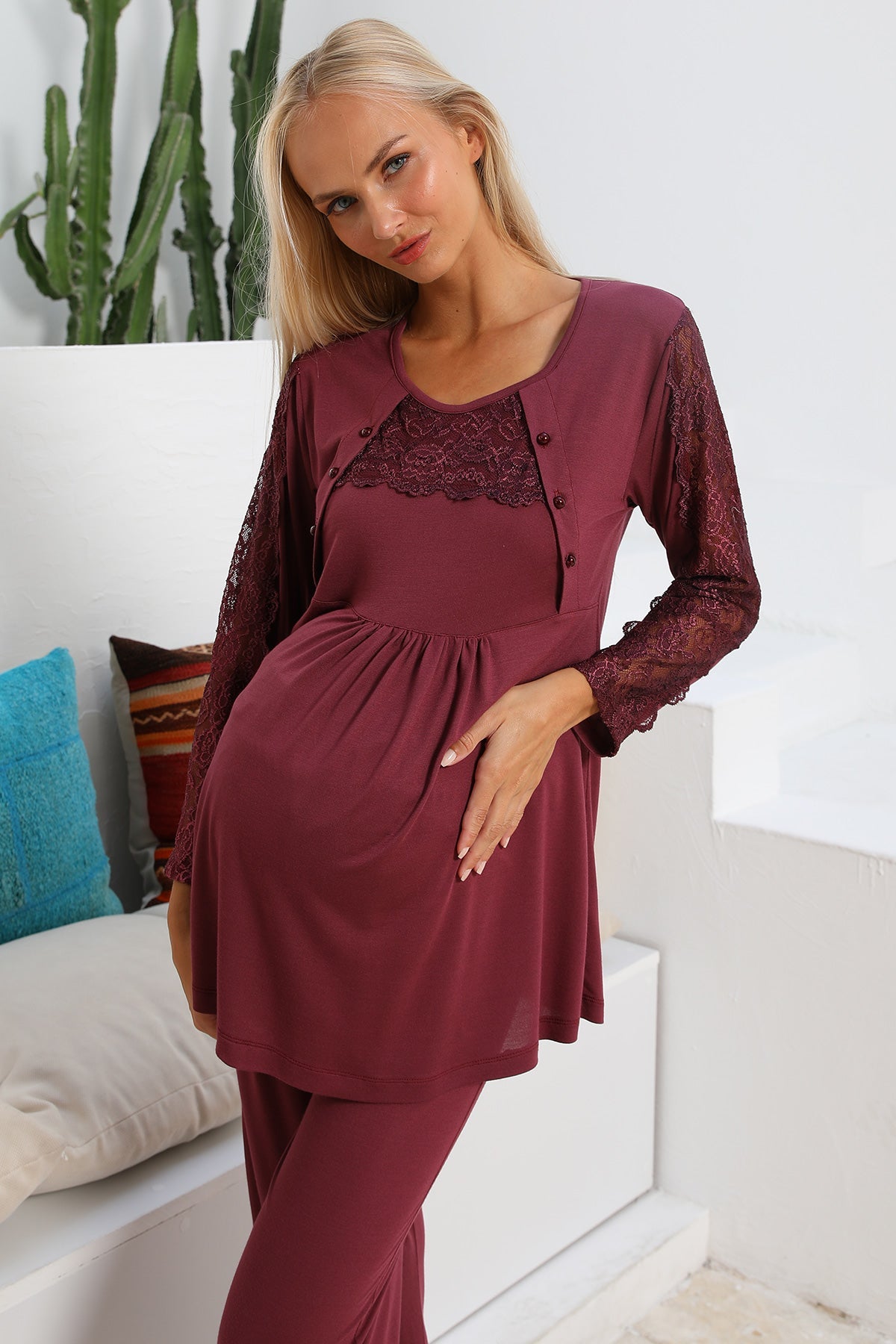 Shopymommy 55703 Elegance Lace Sleeves 3-Pieces Maternity & Nursing Pajamas With Welsoft Robe Plum-2