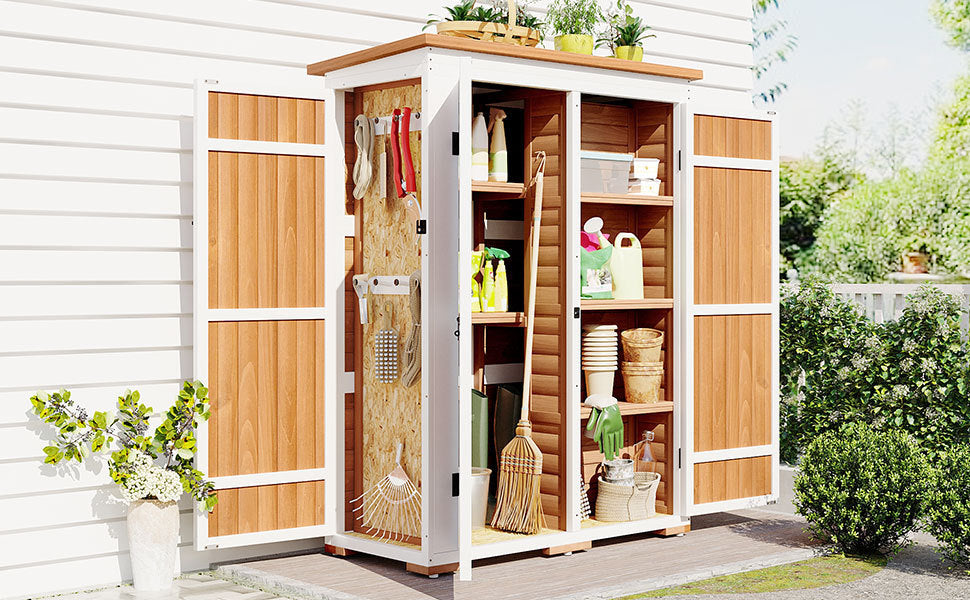 [Video Provided] TOPMAX Outdoor 5.5ft Hx4.1ft L Wood Storage Shed, Garden Tool Cabinet with Waterproof Asphalt Roof, Four Lockable Doors, Multiple-tier Shelves, Natural