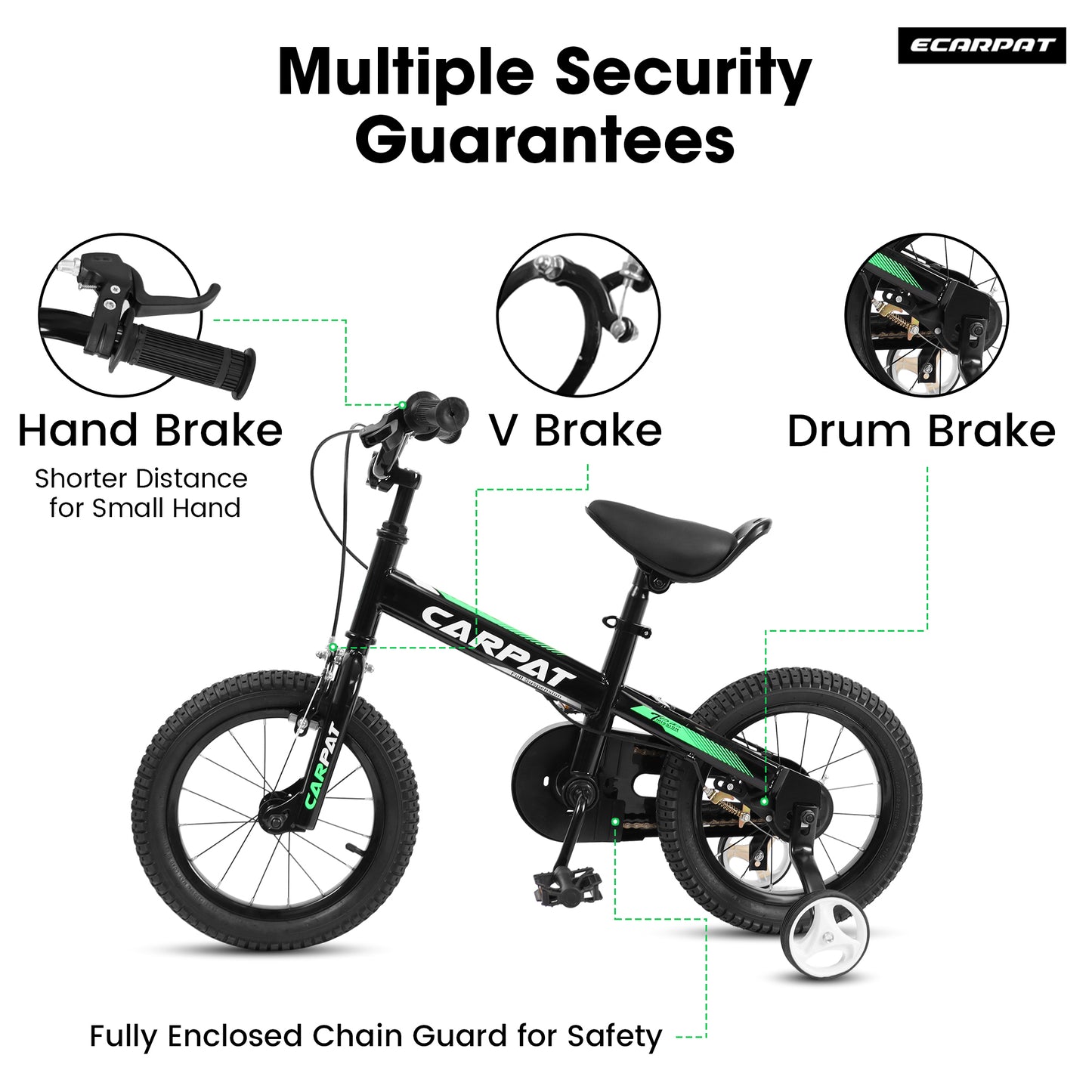 C14112A Ecarpat Kids' Bike 14 Inch Wheels, 1-Speed Boys Girls Child Bicycles For 3-5 Years, With Removable Training Wheels Baby Toys, Coaster+V Brake