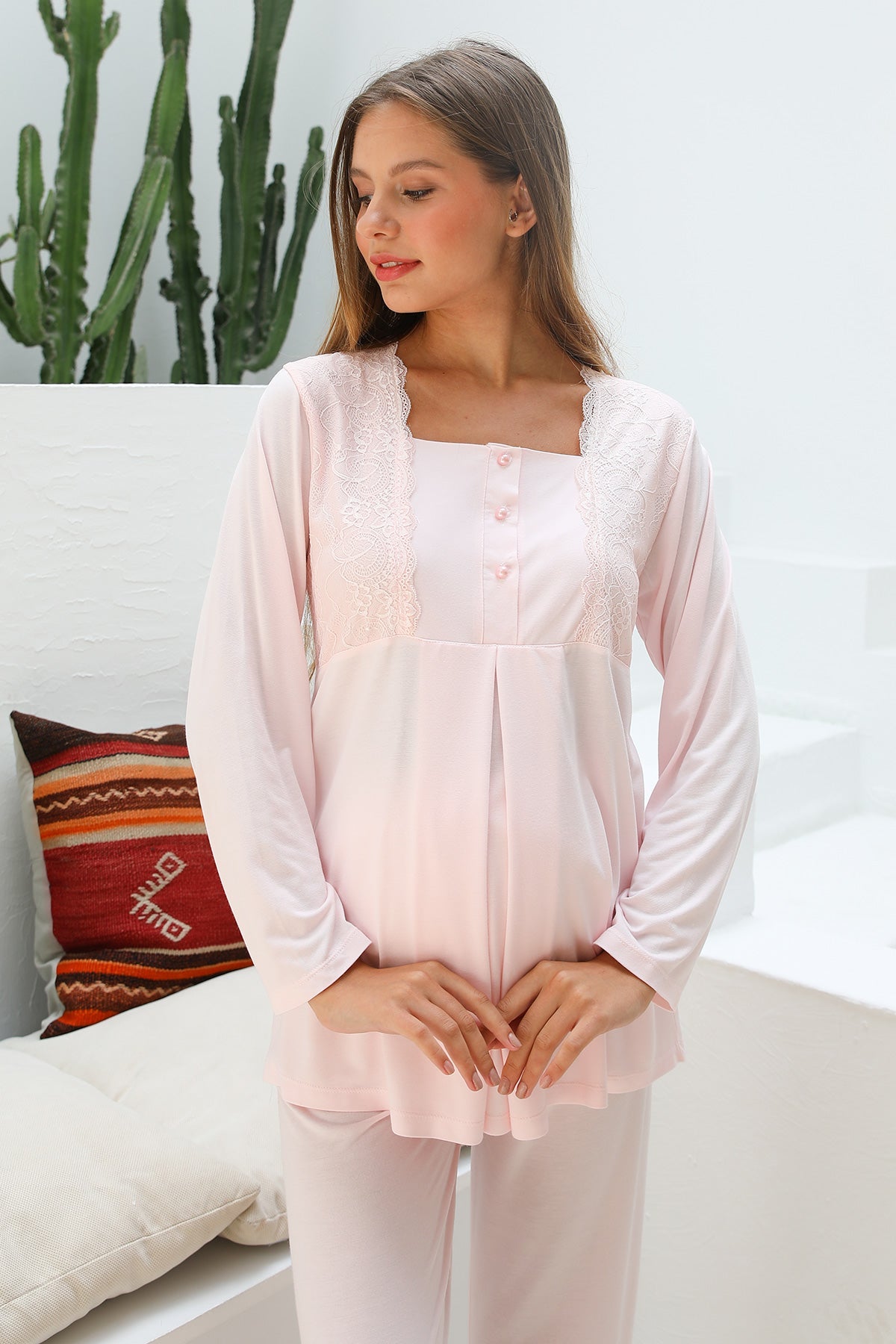 Shopymommy 55706 Lotus Lace 3-Pieces Maternity & Nursing Pajamas With Welsoft Robe Pink-3