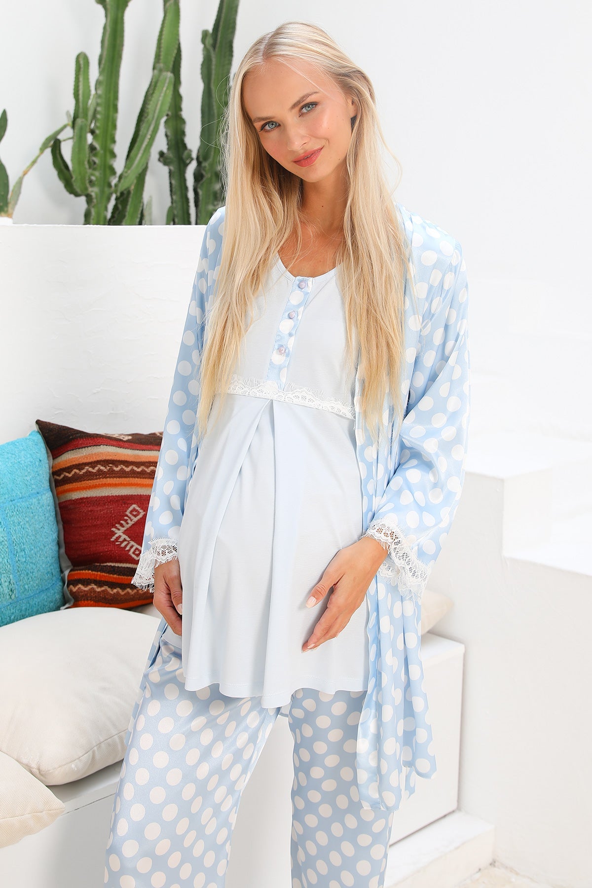 Shopymommy 55713 Venüs Polka Dot 3-Pieces Maternity & Nursing Pajamas With Satin Robe Blue-2