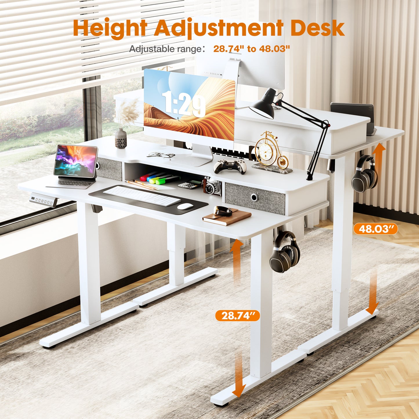 Sweetcrispy Home Office Height Adjustable Electric Standing Desk with Storage Shelf Double Drawer