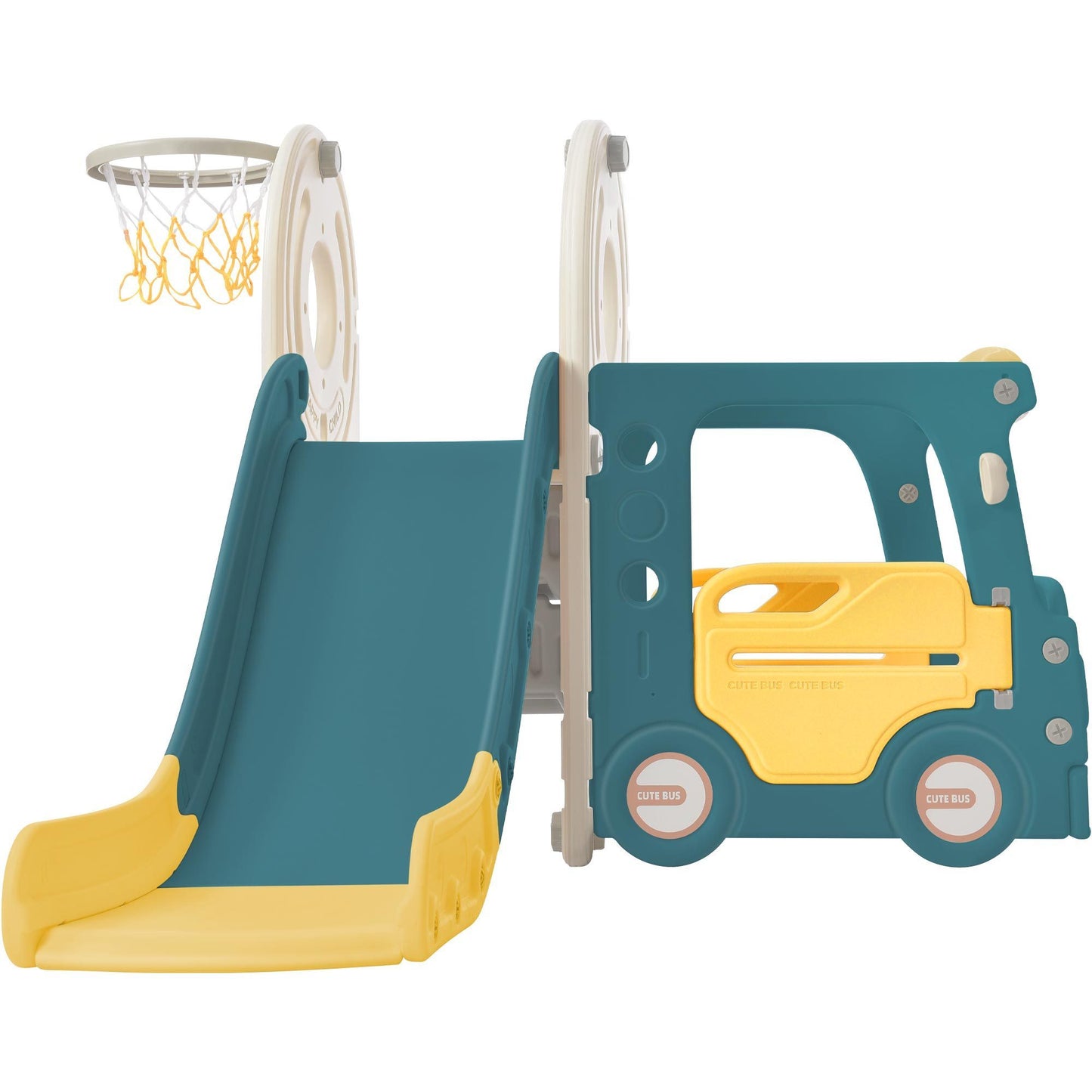 Kids Slide with Bus Play Structure, Freestanding Bus Toy with Slide for Toddlers, Bus Slide Set with Basketball Hoop