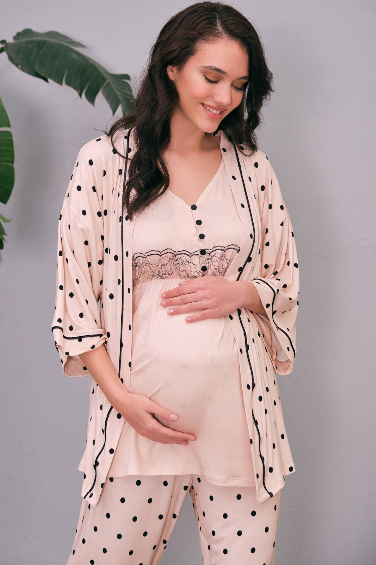 Shopymommy 565554 Polka Dot Lace 4 Pieces Maternity & Nursing Set Pink-1