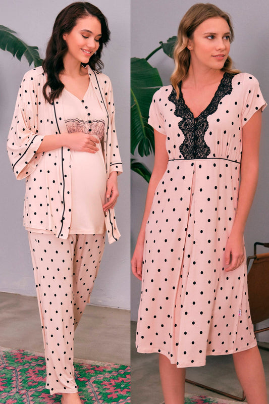 Shopymommy 565554 Polka Dot Lace 4 Pieces Maternity & Nursing Set Pink-0