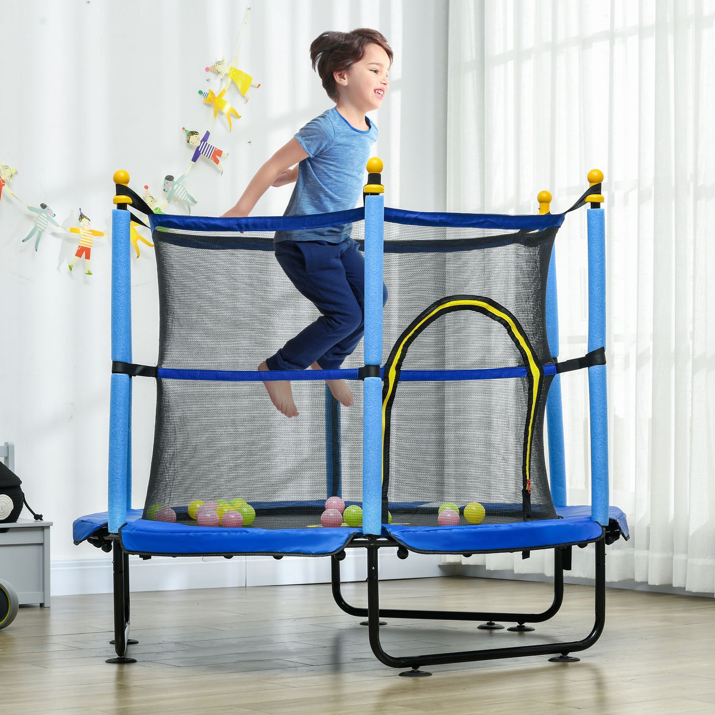 Qaba 4.6' Trampoline for Kids, 55 Inch Toddler Trampoline with Safety Enclosure & Ball Pit for Indoor or Outdoor Use, Built for Kids 3-10 Years, Blue