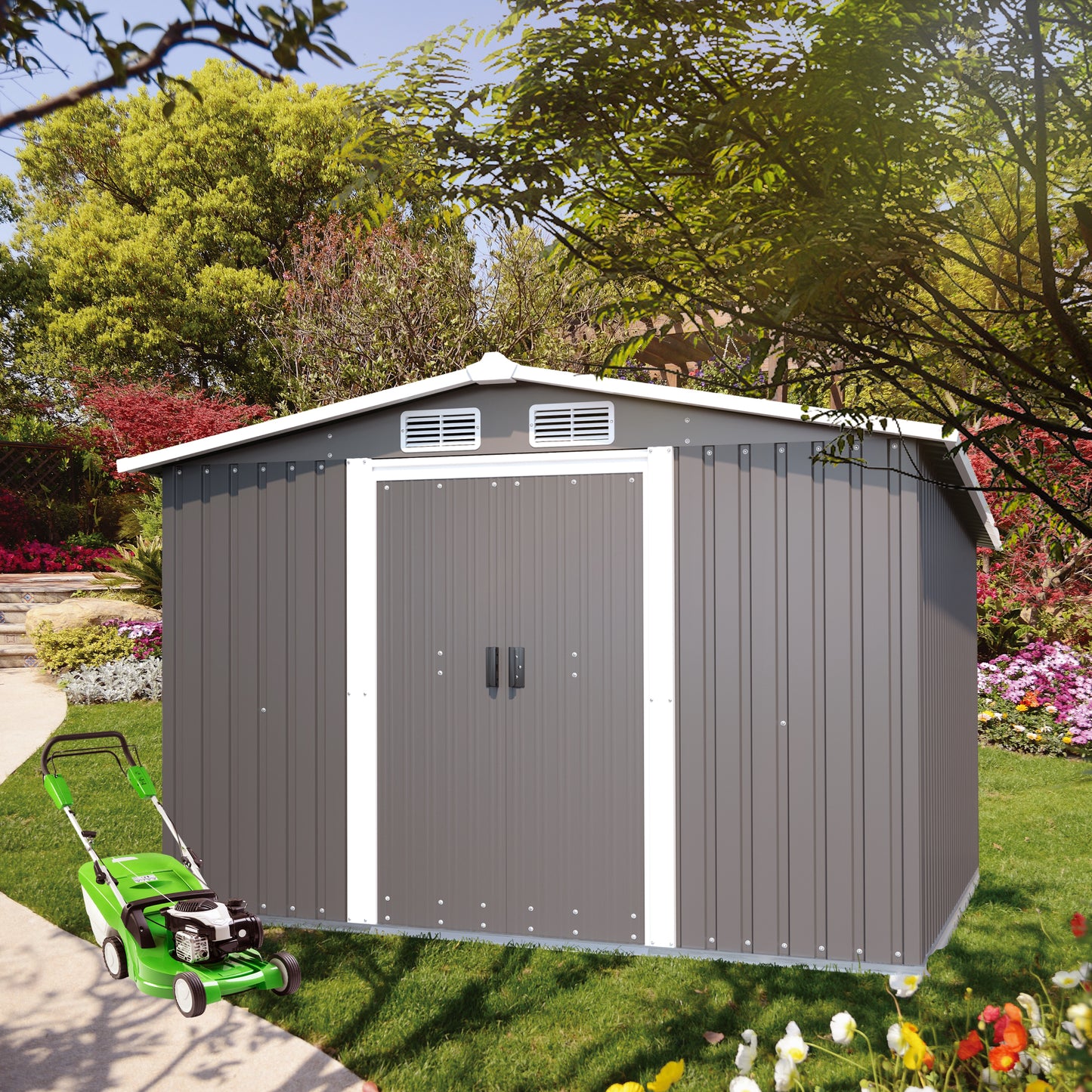 Patio, Lawn & Garden,Metal Outdoor Storage Shed 10FT x 8FT, Clearance with Lockable Door Metal Garden Shed Steel Anti-Corrosion Storage House Waterproof Tool Shed for Backyard Patio, Lawn and Garden