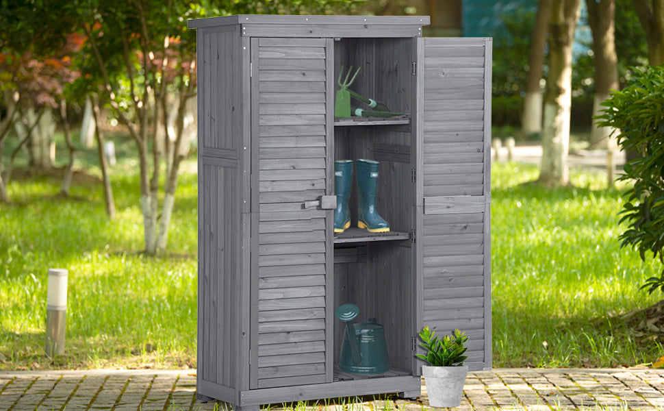 TOPMAX Wooden Garden Shed 3-tier Patio Storage Cabinet Outdoor Organizer Wooden Lockers with Fir Wood (Gray Wood Color -Shutter Design)