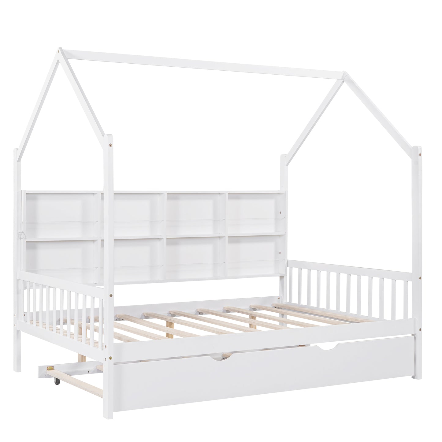 Wooden Full Size House Bed with Trundle,Kids Bed with Shelf, White