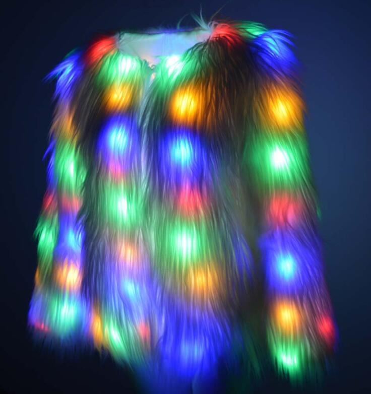 Color: White, Size: M - Women Faux Fur Outwear Winter Light Up Burning Glow Fluffy Sparking Rainbow LED Costume Waistcoat