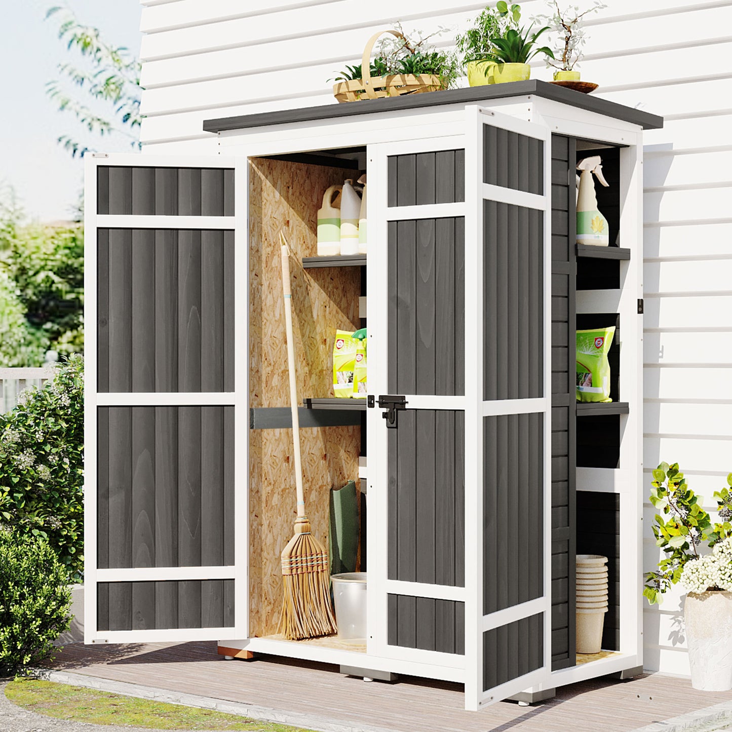 [Video Provided] TOPMAX Outdoor 5.5ft Hx4.1ft L Wood Storage Shed, Garden Tool Cabinet with Waterproof Asphalt Roof, Four Lockable Doors, Multiple-tier Shelves, White and Gray