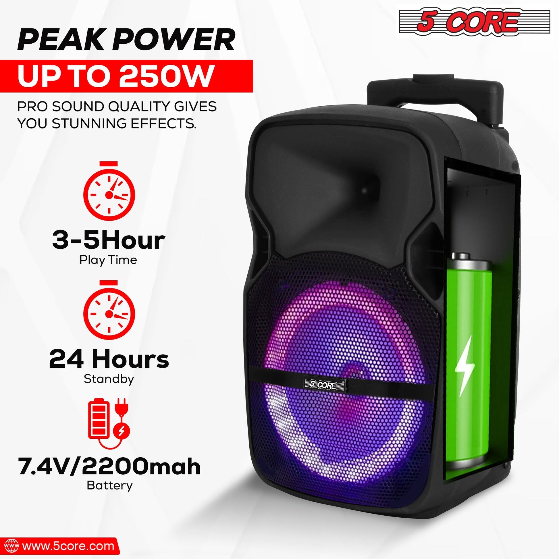 5 Core DJ Speakers 8" Rechargeable Powered PA System 250W Loud Speaker - Active Home 8 2-MIC-7