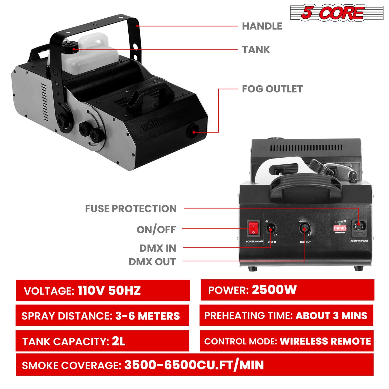 5 Core Fog Machine Indoor Outdoor  2500W 6500CFM Fogger Smoke Machine  2L Tank  Remote Control-2