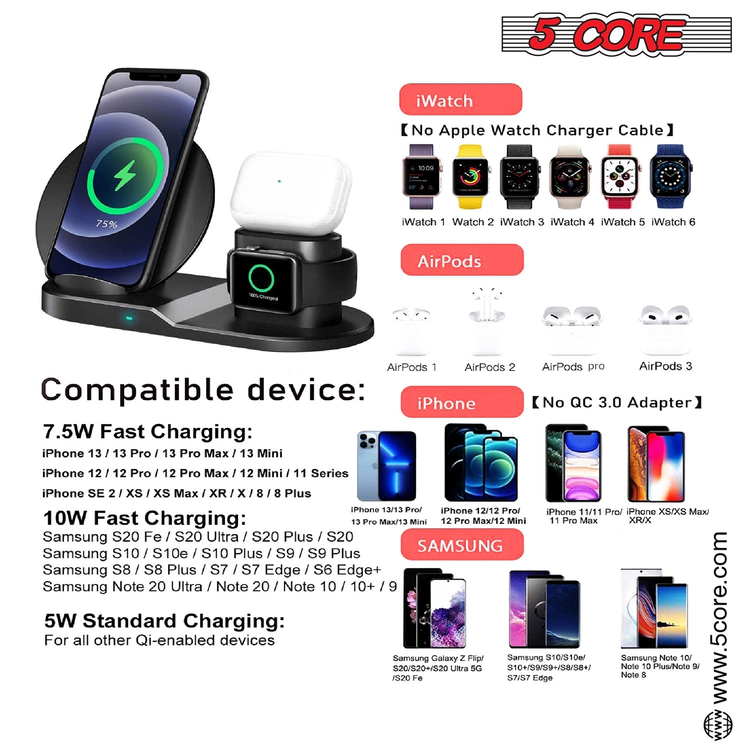 5 Core Wireless Charging Station  10W 3 in 1 Fast Phone Watch Earpod Wireless Charging Stand-3