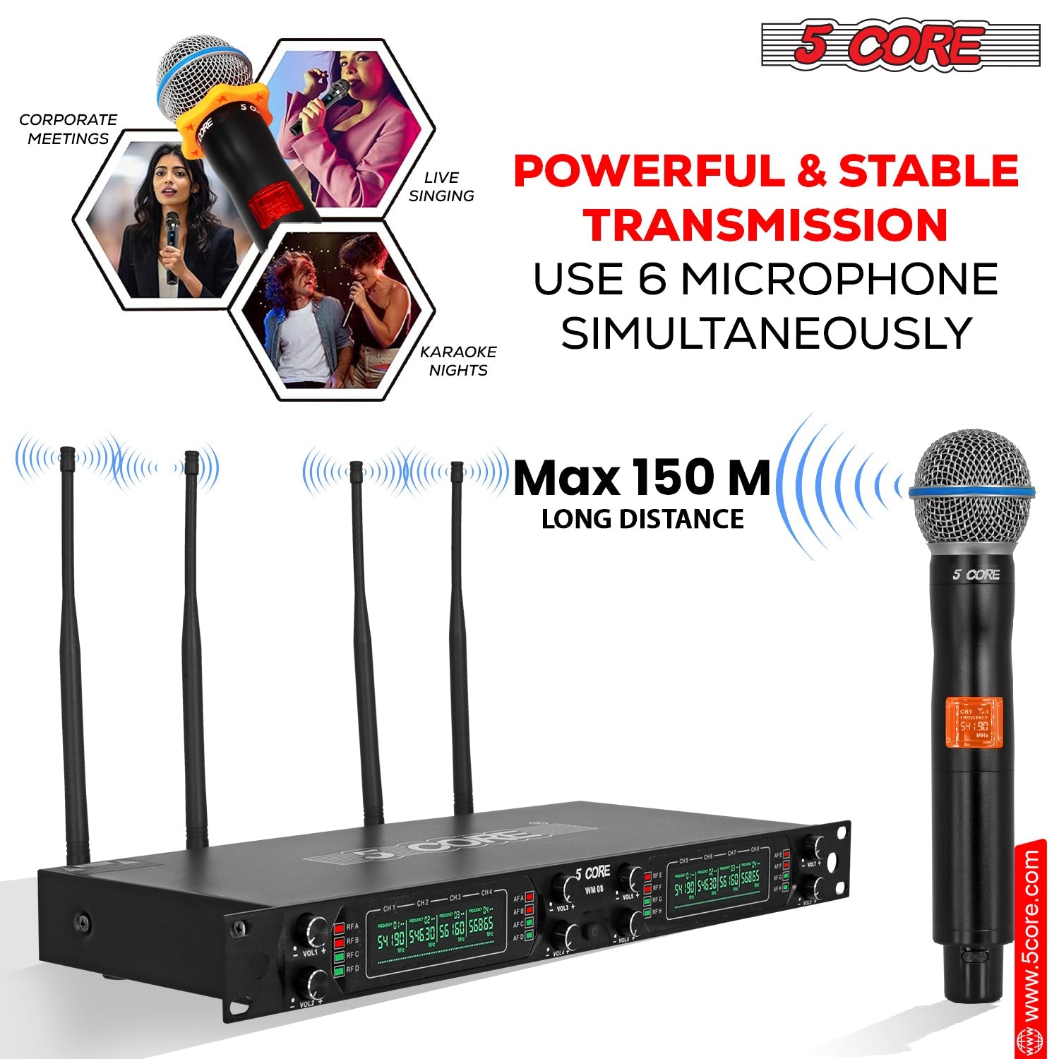 5 Core Wireless Microphone System 8 Channel UHF Portable Receiver w 8 Cordless Dynamic Mic 492F Range-4