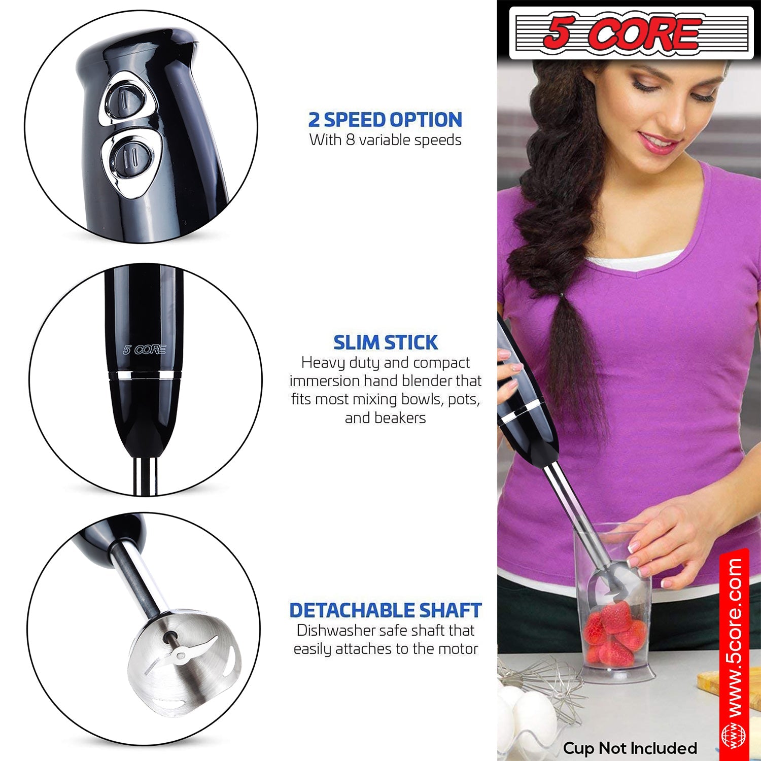 5Core Immersion Hand Blender 500W Electric Handheld Mixer w 2 Mixing Speed for Smoothies Puree-4