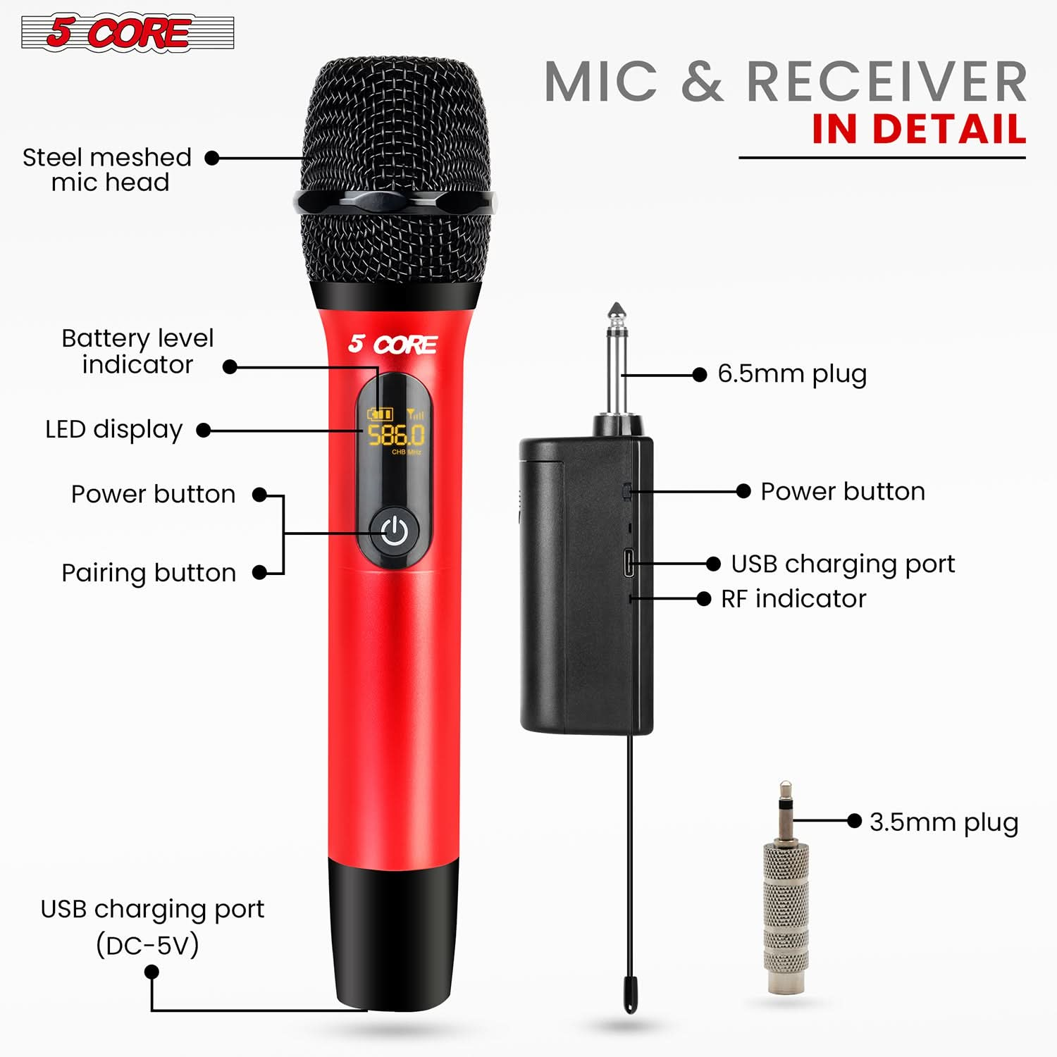 5Core Wireless Microphone Pair UHF Handheld Microfonos Inalambricos Cordless Mic RED + BLACK-1