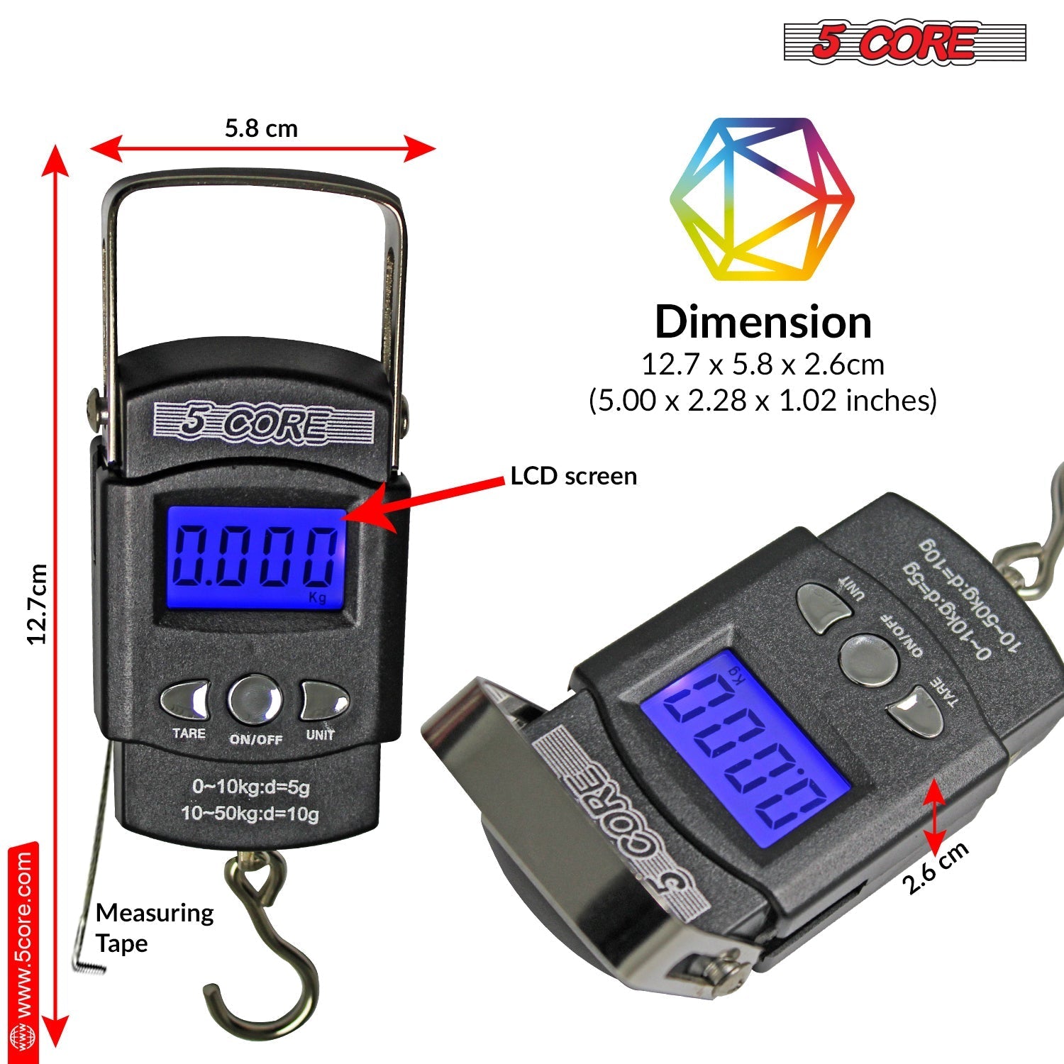 5 Core Fishing Scale 110lb/50kg Hanging Digital Luggage Weighing Scales w Measuring Tape-1