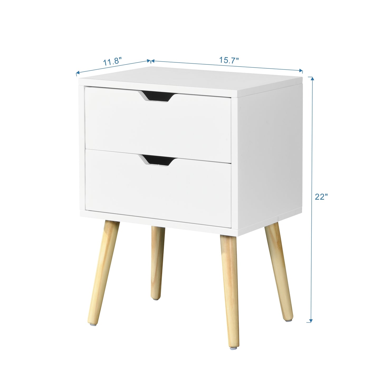 Side Table with 2 Drawer and Rubber Wood Legs, Mid-Century Modern Storage Cabinet for Bedroom Living Room Furniture, White