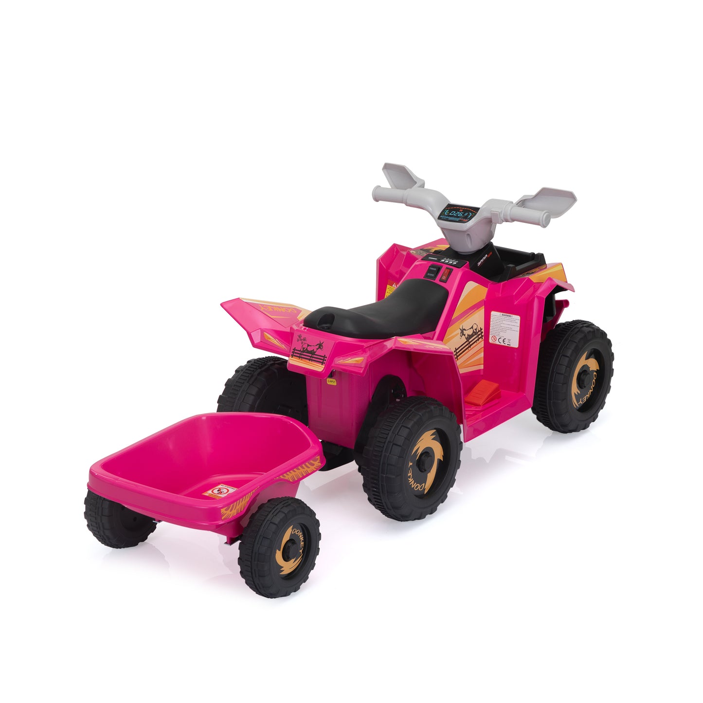 6V Kids Electric ATV, Toddler Ride on Car with Trailer, Music, Bluetooth and Power Display for Boys and Girls, Rosy