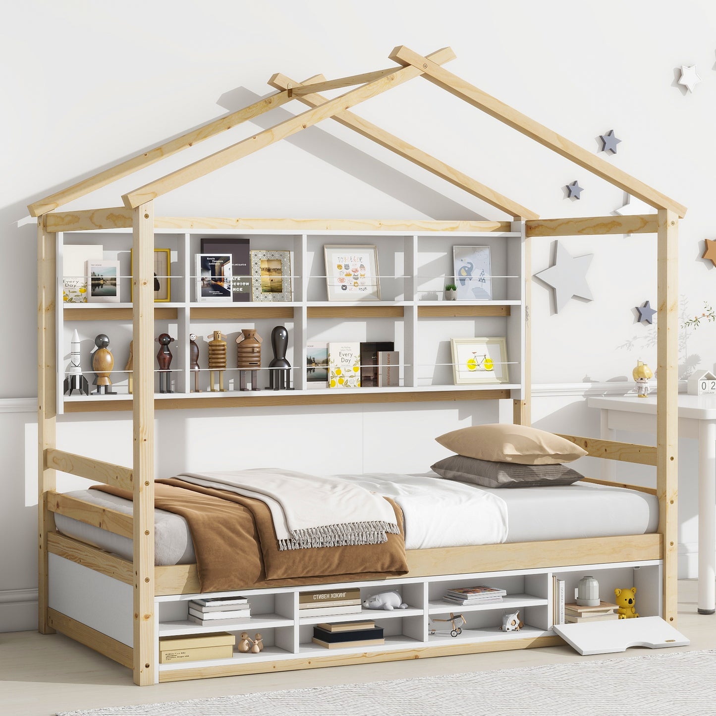 Twin House Bed with Roof Frame, Bedside-shelves, Under Bed Storage Unit,Natural