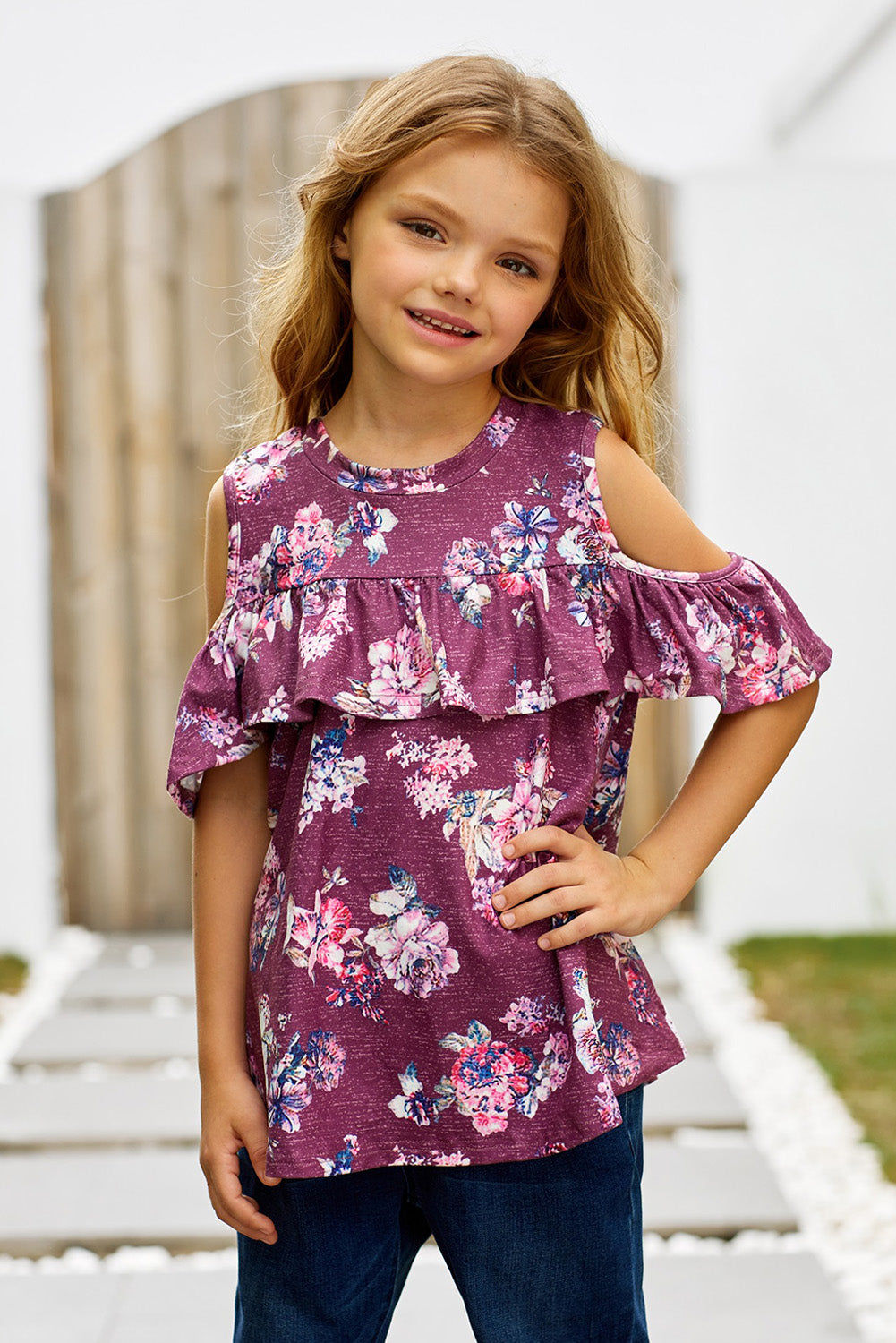 girls-floral-cold-shoulder-ruffled-top