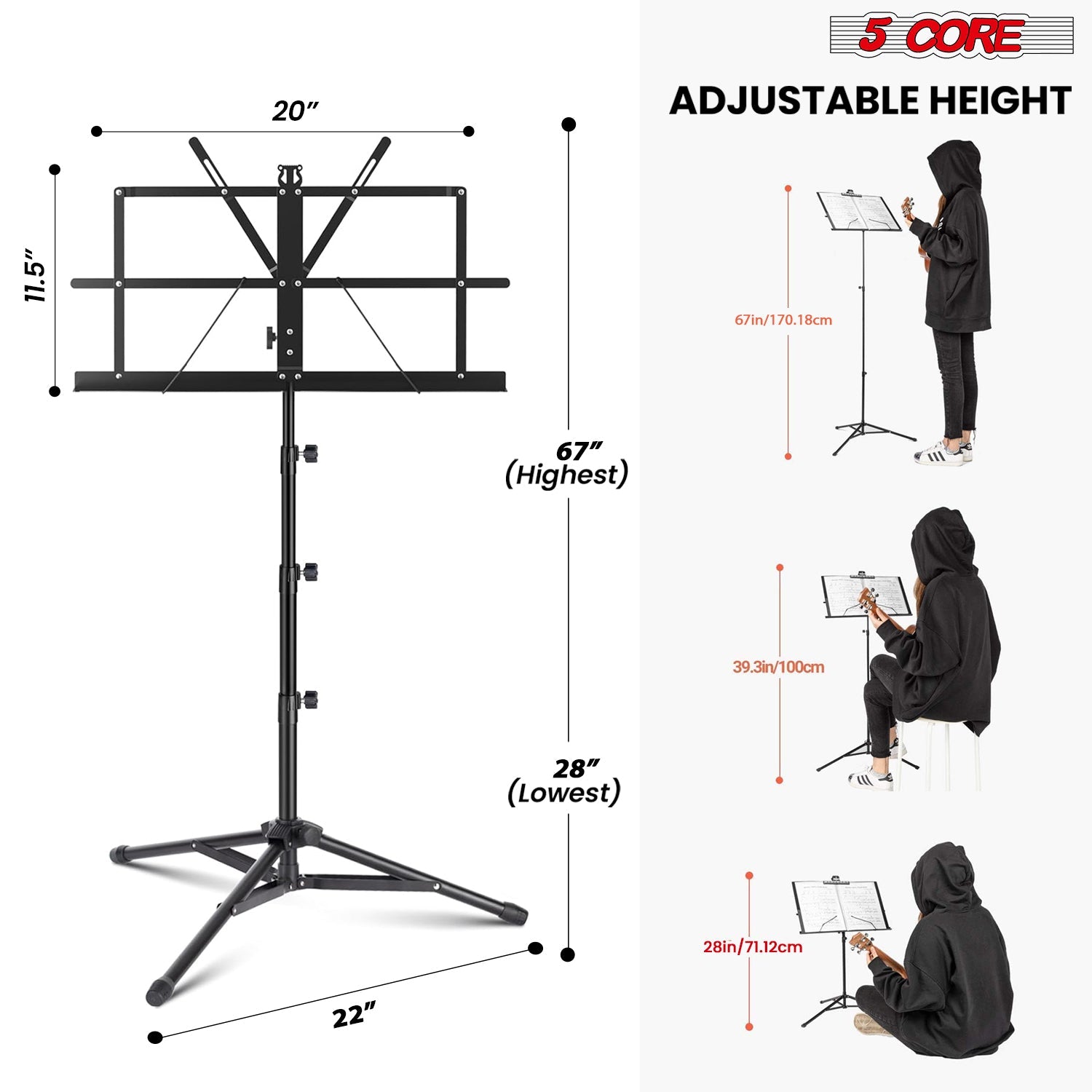 5Core Music Stand For Sheet Music Portable Tripod Adjustable Folding Note Holder Higher BLACK-1