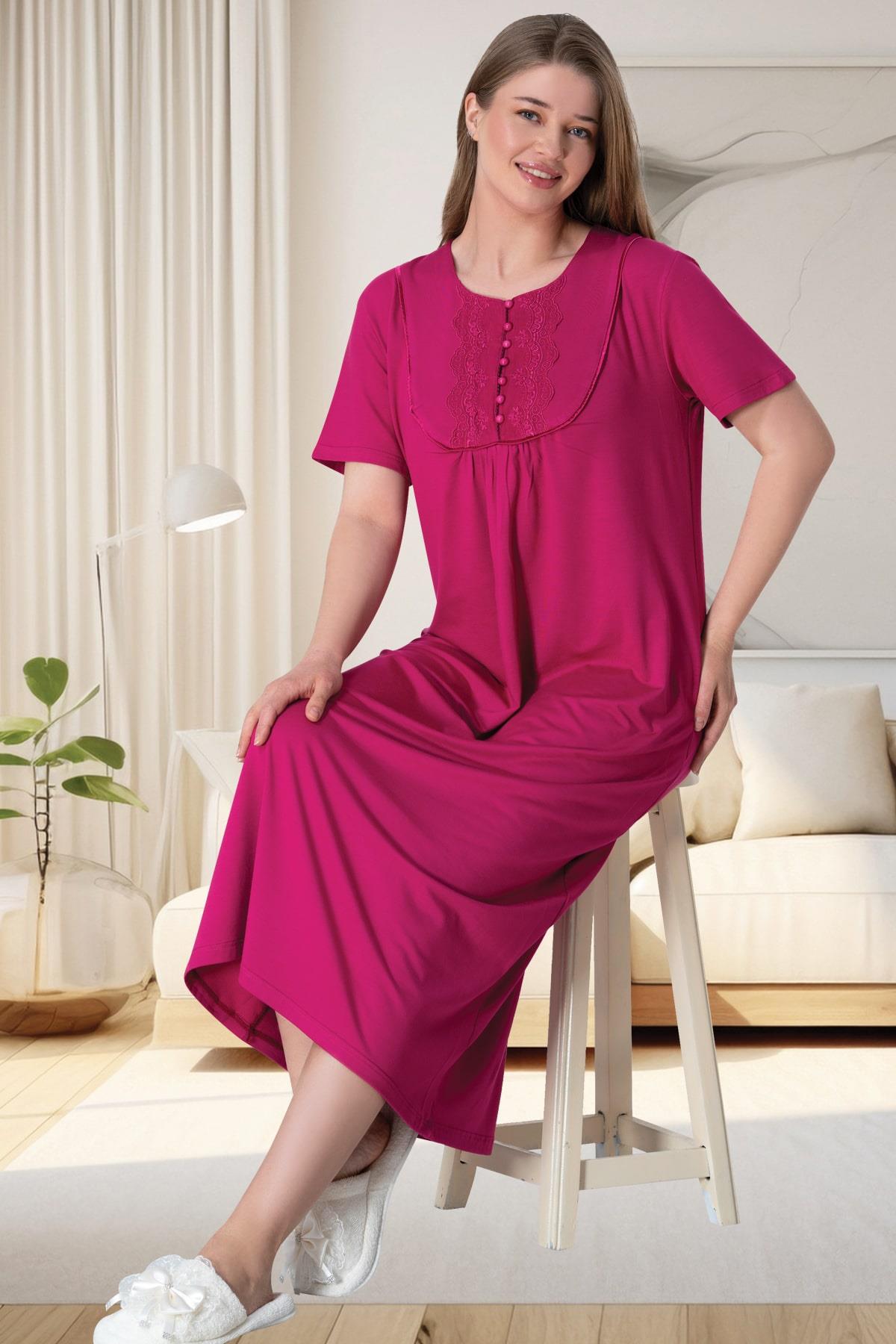 Shopymommy 6029 Guipure Collar Plus Size Maternity & Nursing Nightgown Fuchsia-0