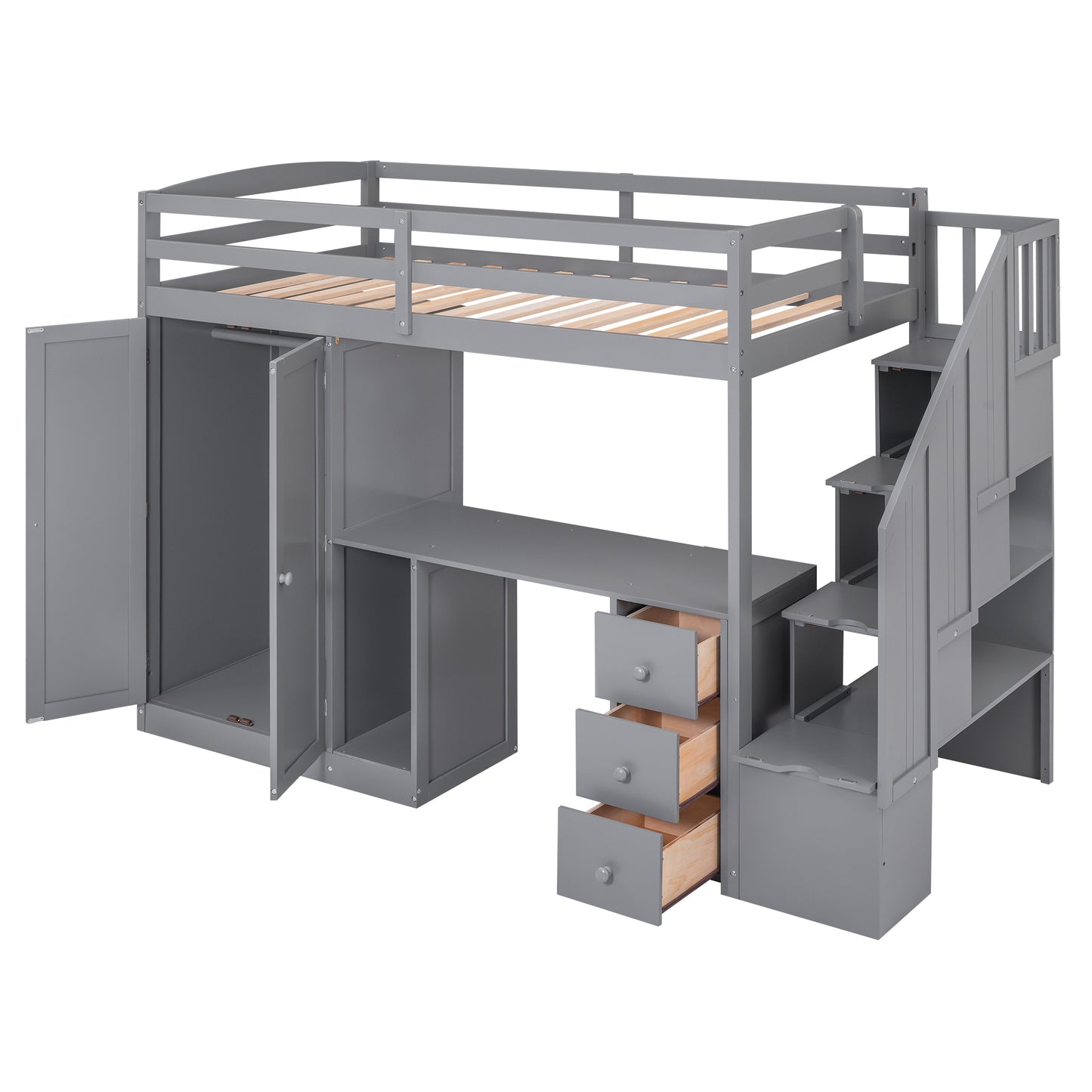 Twin Size Loft Bed with Wardrobe and Staircase, Desk and Storage Drawers and Cabinet in 1,Gray