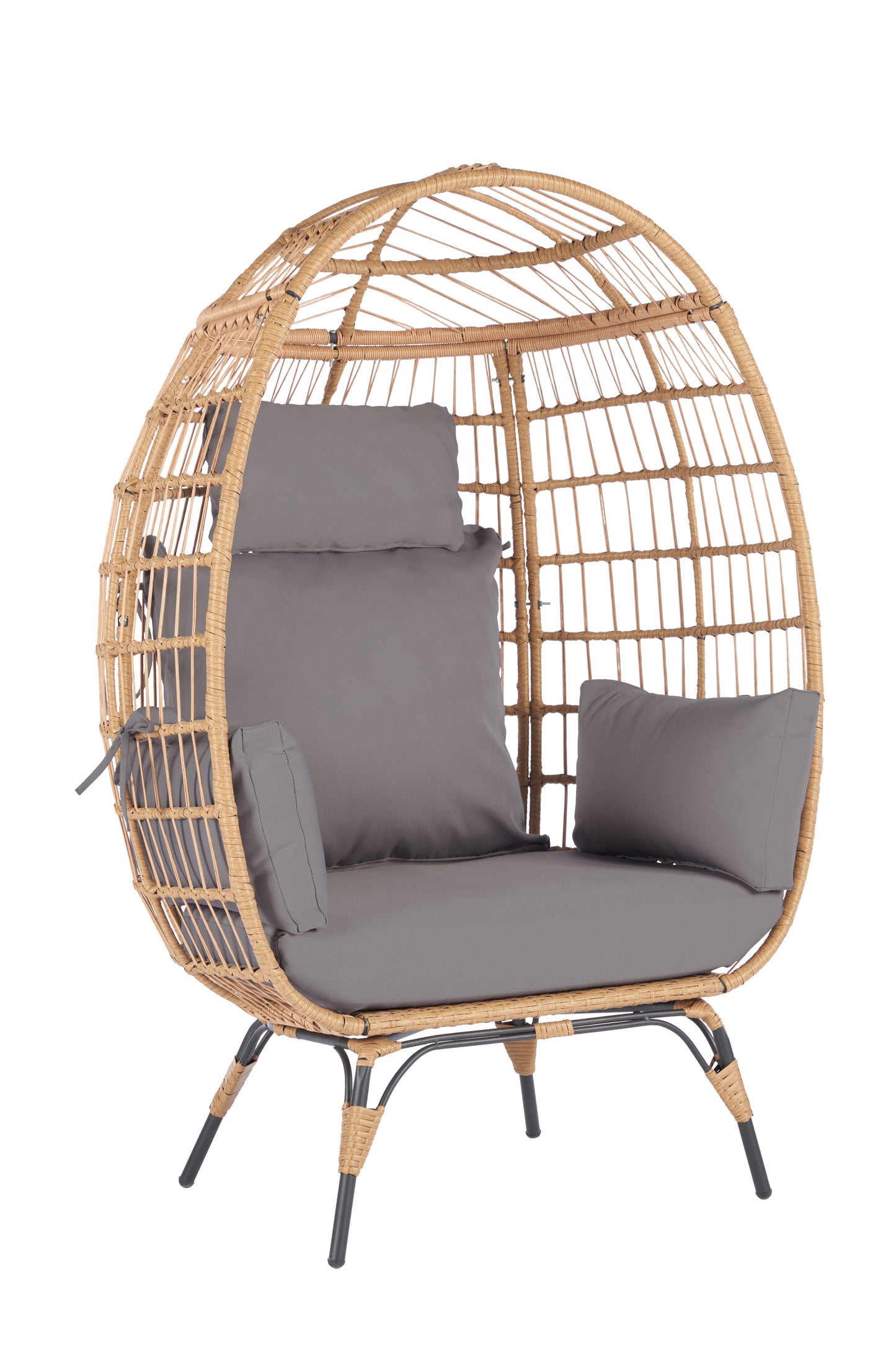 Wicker Egg Chair, Oversized Indoor Outdoor Lounger for Patio, Backyard, Living Room w/ 5 Cushions, Steel Frame, - Light Grey