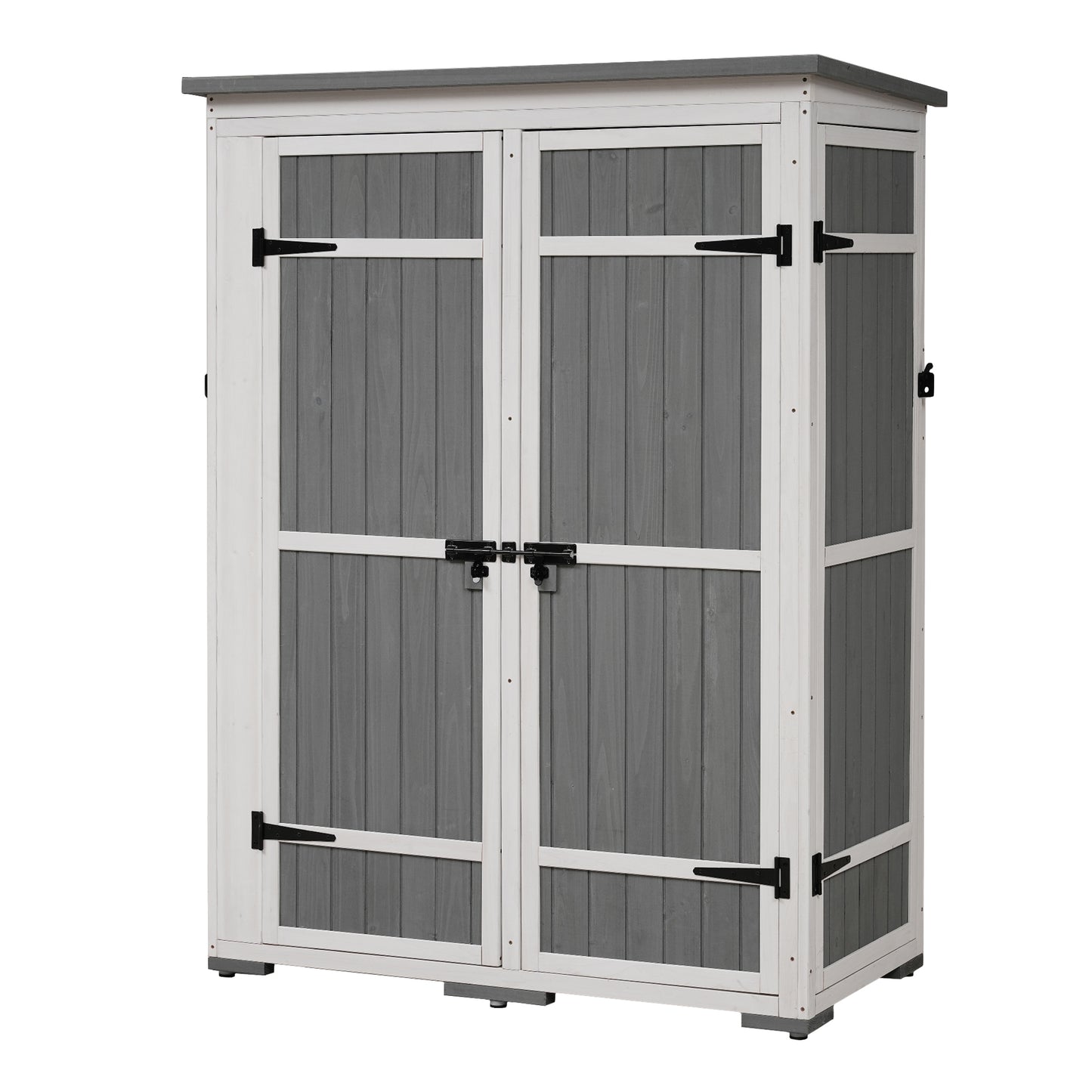 [Video Provided] TOPMAX Outdoor 5.5ft Hx4.1ft L Wood Storage Shed, Garden Tool Cabinet with Waterproof Asphalt Roof, Four Lockable Doors, Multiple-tier Shelves, White and Gray