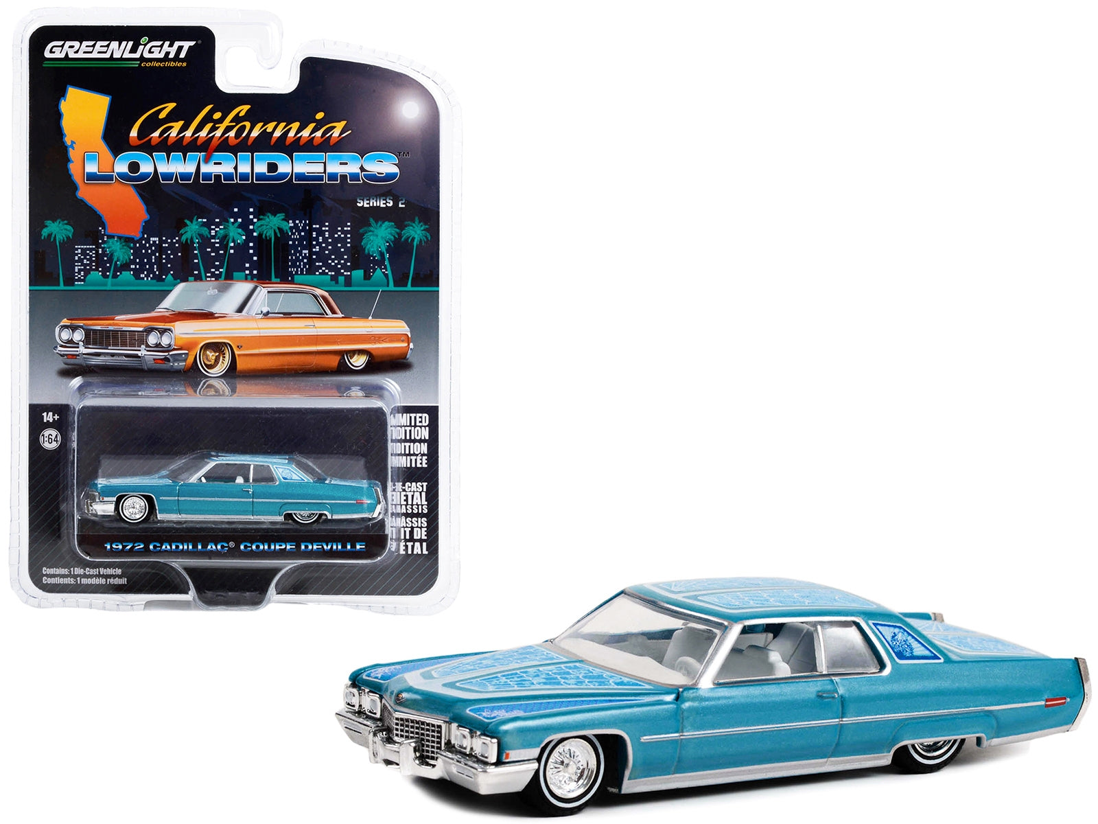 1972 Cadillac Coupe DeVille Custom Light Blue Metallic with White Interior and Graphics "California Lowriders" Series 2 1/64 Diecast Model Car by Greenlight