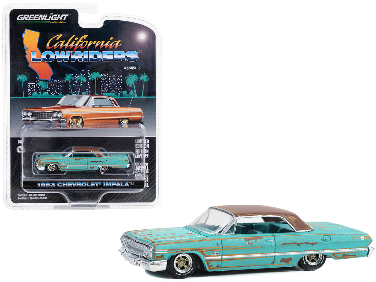 1963 Chevrolet Impala Lowrider Teal Patina (Rusted) with Brown Top and Teal Interior "California Lowriders" Series 3 1/64 Diecast Model Car by Greenlight-0