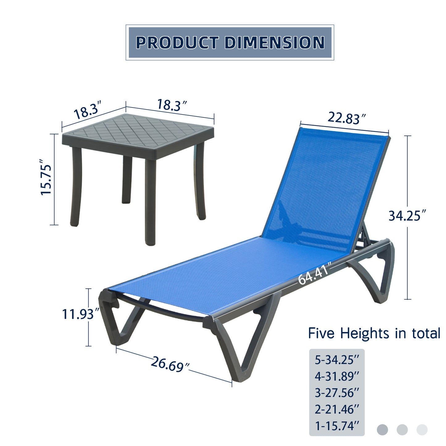 Patio Chaise Lounge Chair Set of 3,Outdoor Aluminum Polypropylene Sunbathing Chair with 5 Adjustable Position,Side Table for Beach,Yard,Balcony,Poolside(Blue, 2 Lounge Chairs+1 Tbale)