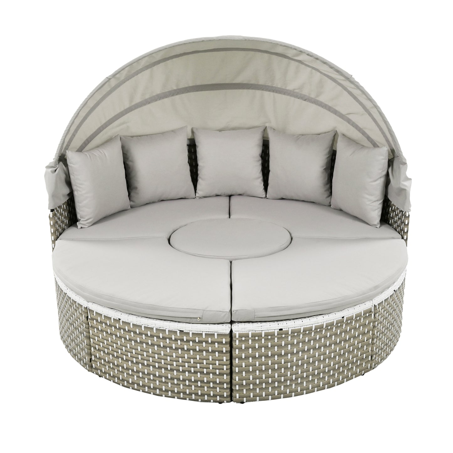 TOPMAX Patio Furniture Round Outdoor Sectional Sofa Set Rattan Daybed Two-Tone Weave Sunbed with Retractable Canopy, Separate Seating and Removable Cushion, Gray