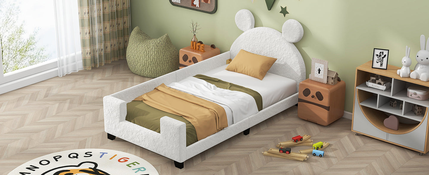 Teddy Fleece Twin Size Upholstered Daybed with Carton Ears Shaped Headboard, White