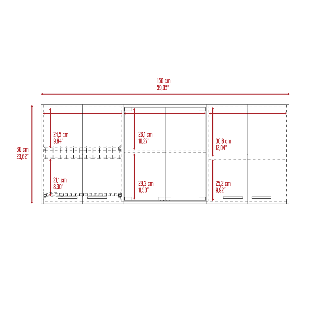 Wall cabinet 24" H, four Doors, with two internal Shelves and internal plate and glass organizer, two Storage Shelves with two glass Doors, White