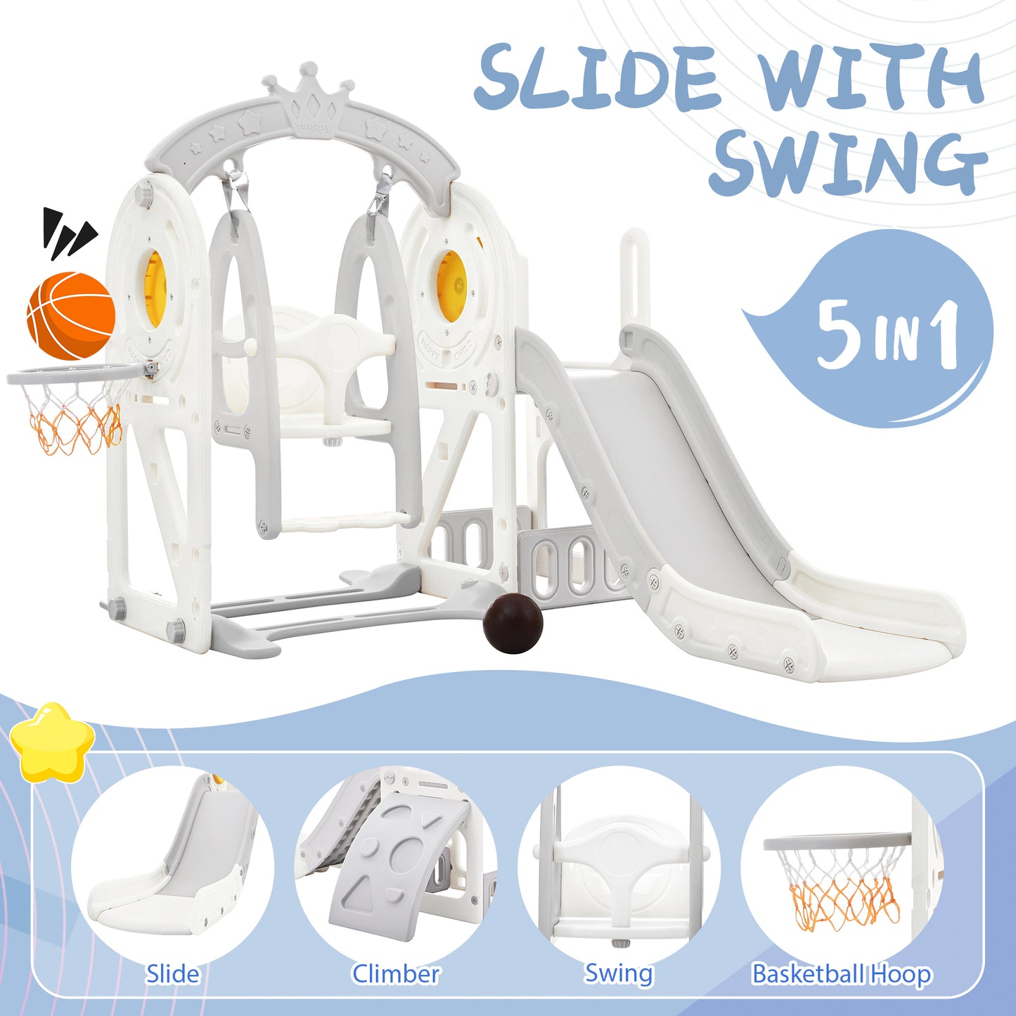 Toddler Slide and Swing Set 5 in 1, Kids Playground Climber Slide Playset with Basketball Hoop Freestanding Combination for Babies Indoor & Outdoor