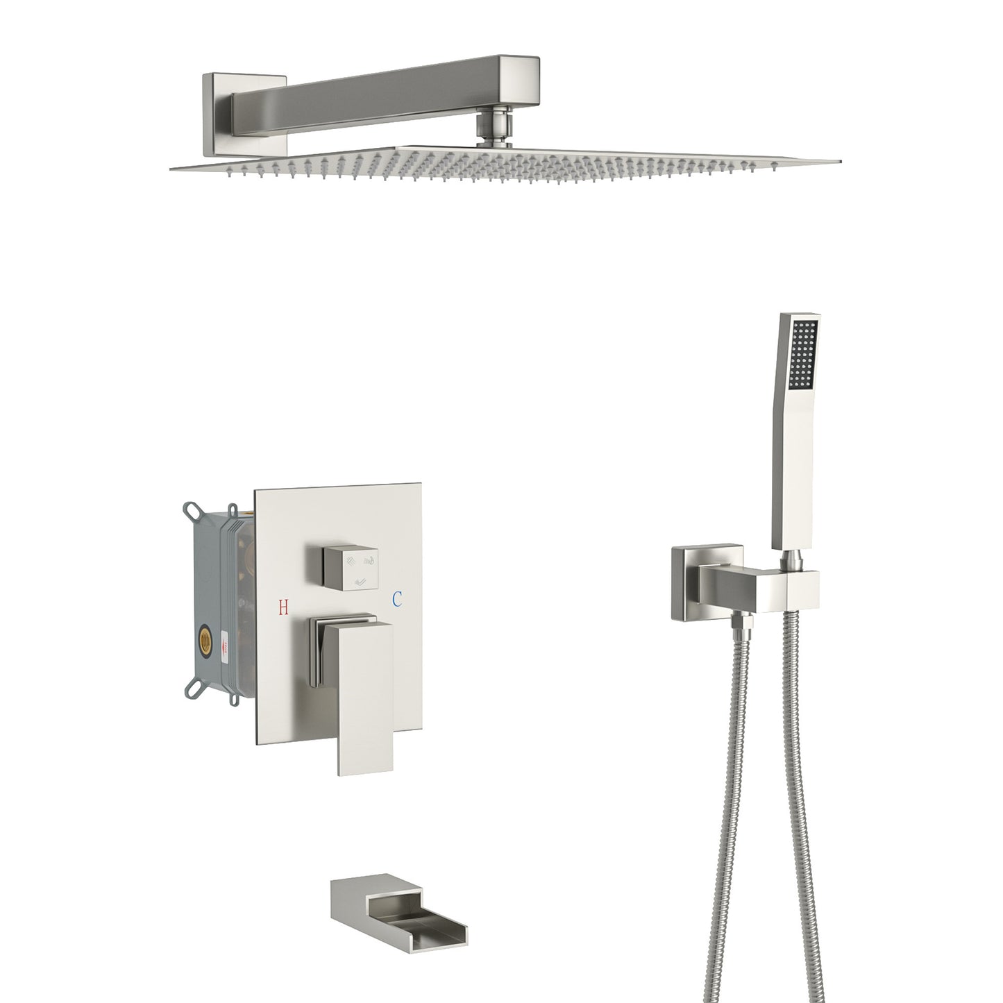 Shower System with Waterfall Tub Spout,10 Inch Wall Mounted Square Shower System with Rough-in Valve, Brushed Nickel