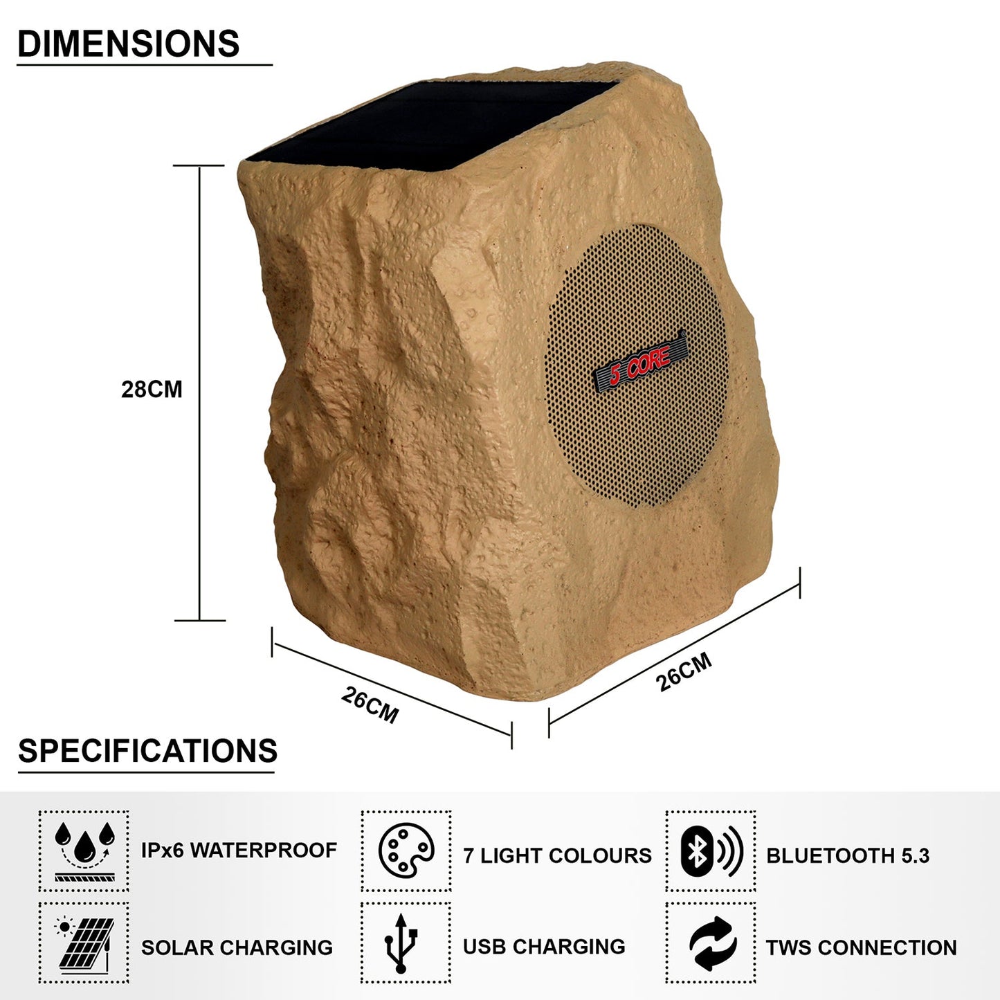 5 Core Outdoor Bluetooth Wireless Rock Speaker TWS Patio Garden Speakers Rechargeable w LED 1/2/4 Pc Brown-5