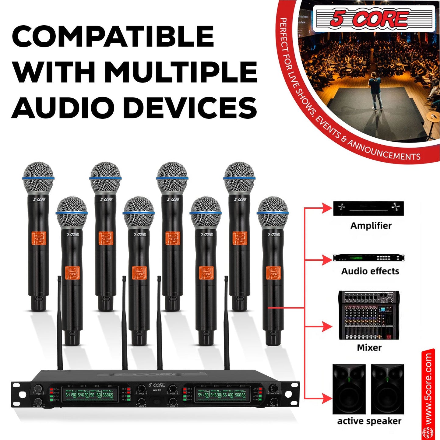 5 Core Wireless Microphone System 8 Channel UHF Portable Receiver w 8 Cordless Dynamic Mic 492F Range-5