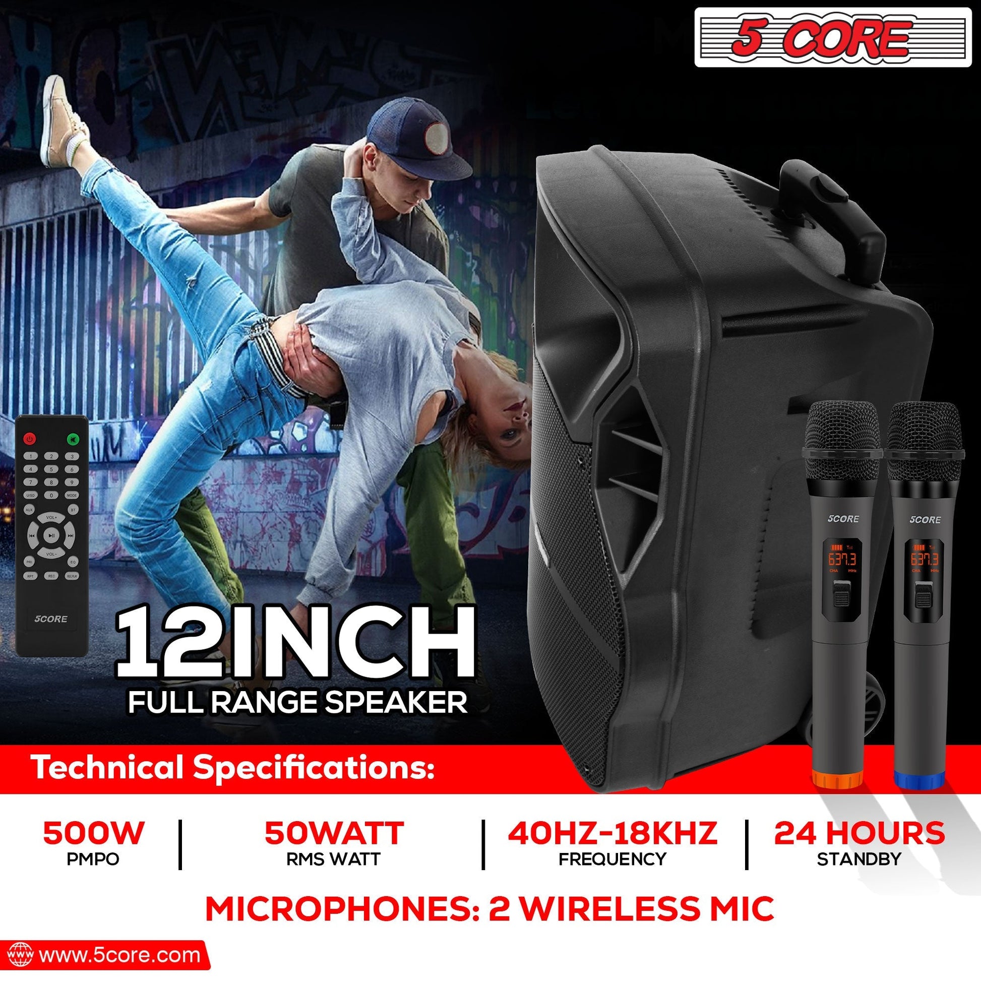 5 Core DJ Speakers 12" Rechargeable Powered PA System 250W Loud Speaker - ACTIVE HOME 12 2-MIC-6